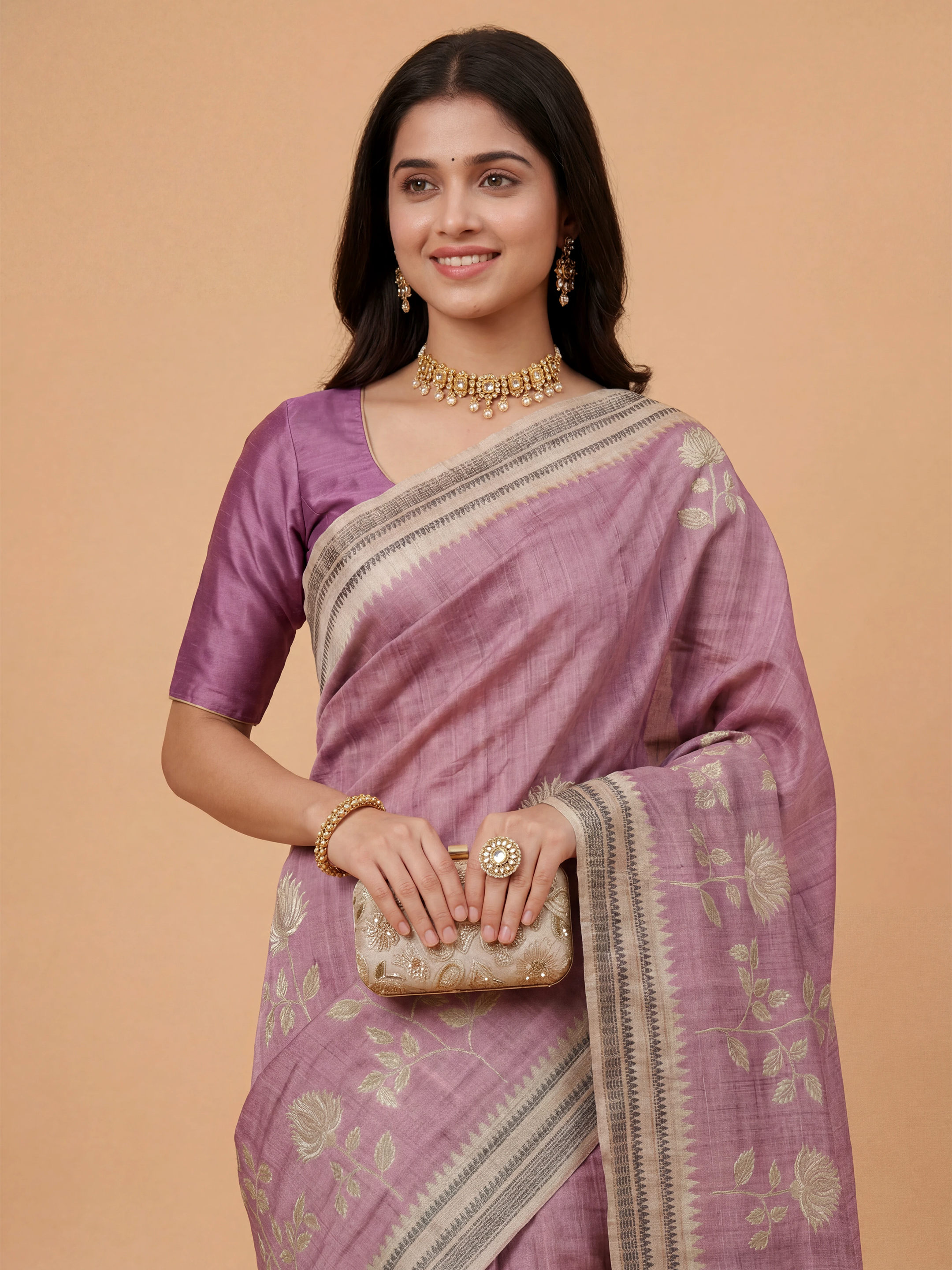 Women Semi Tussar Printed Purple Saree ST341