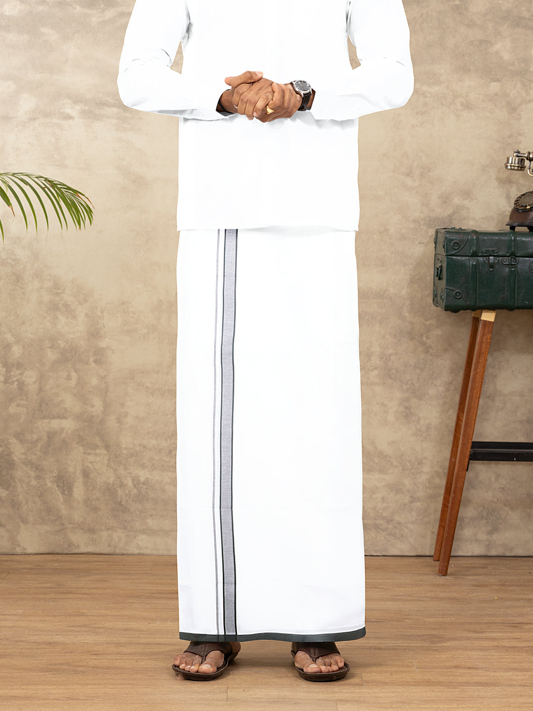 Men 100% Cotton Double Layer White Dhoti with Fancy Border VP01