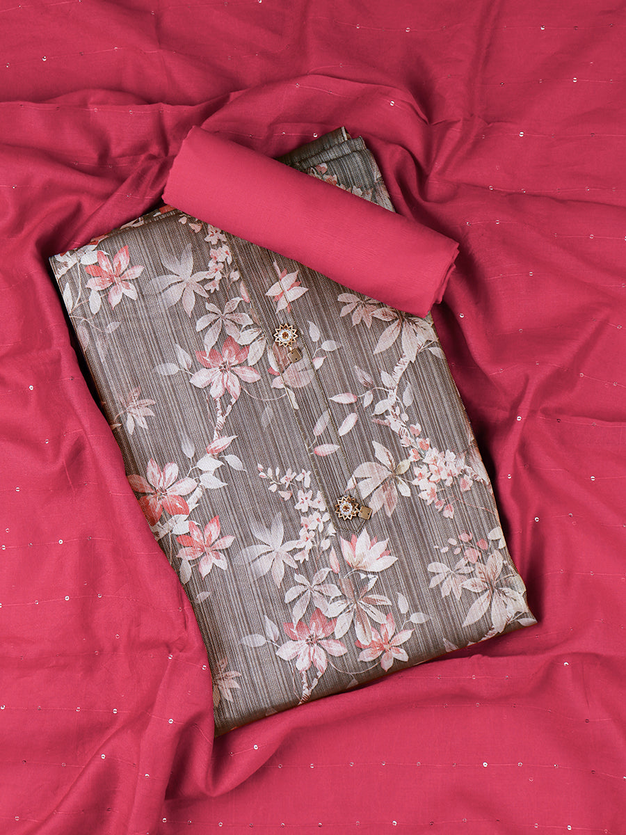 Women Green & Red Flower Digital Print Unstitched Semi Raw Silk Cotton Dress Material DM101