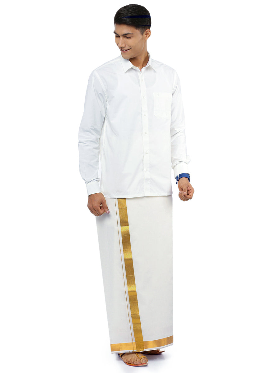 Mens Cream Double Dhoti with 1 1/2" Gold Jari Border Gold Special Pet-Front view