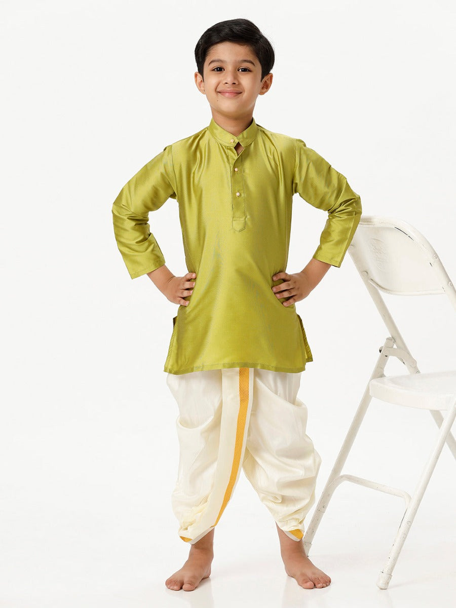 Boys Silk Cotton Full Sleeves Parrot Green Kurta with Panchakacham Com
