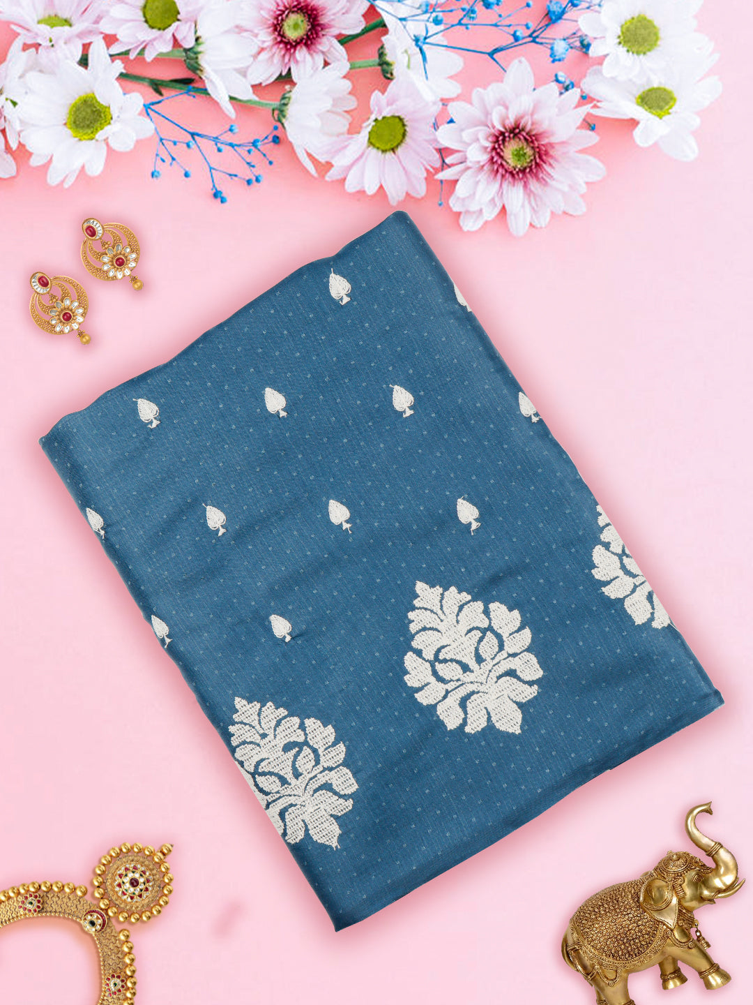 Womens Semi Tussar Blue & Sandal Flower Embroidery Saree ST100
