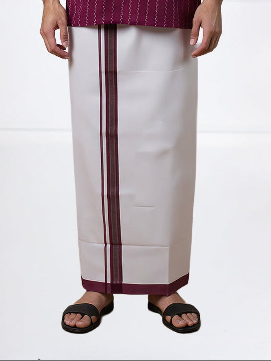 Men Plum Red Short Length Kurta with Matching Border Dhoti Set PC34
