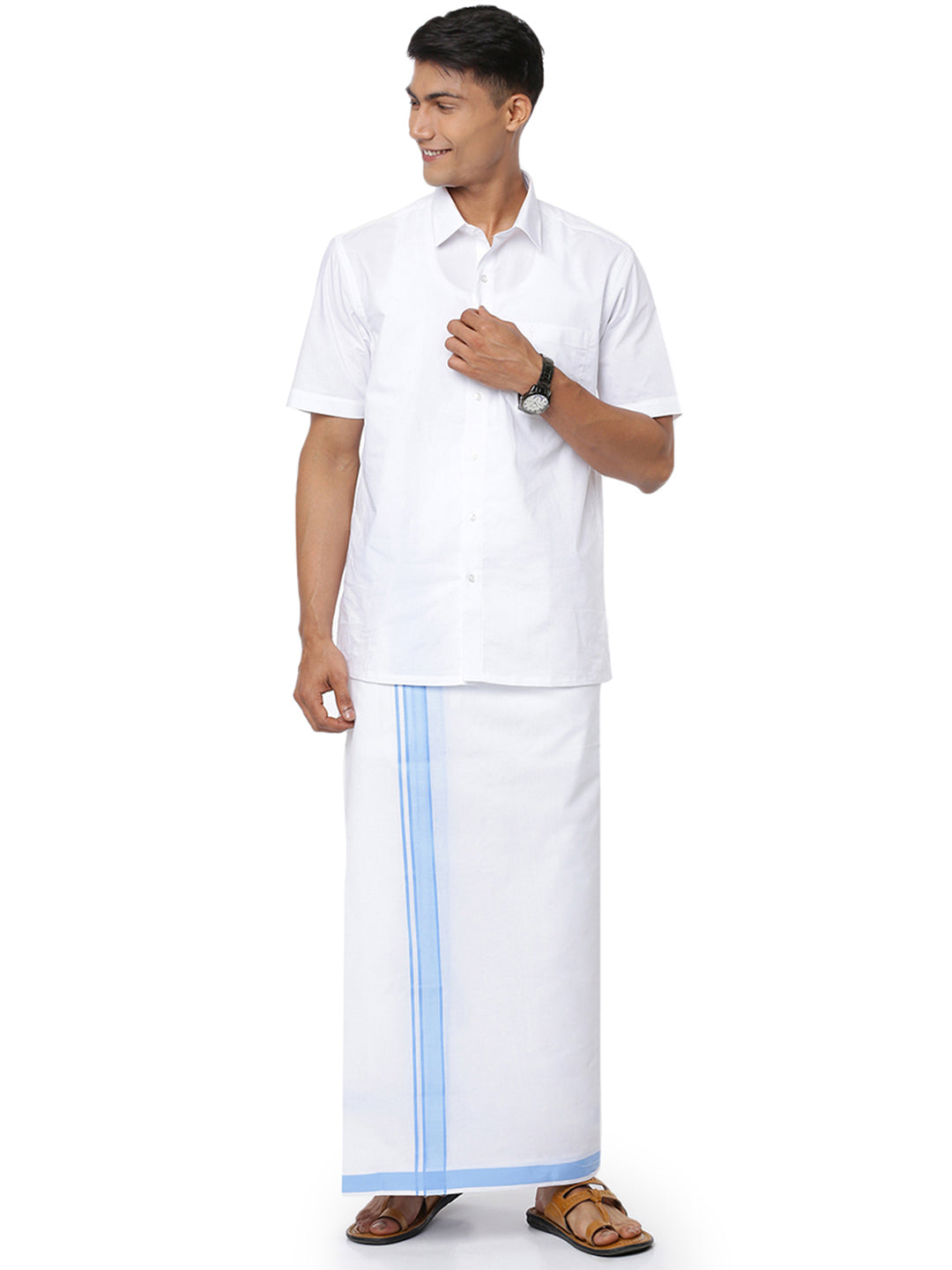 Men 100% Cotton Double Layer White Dhoti with Fancy Border RPN04