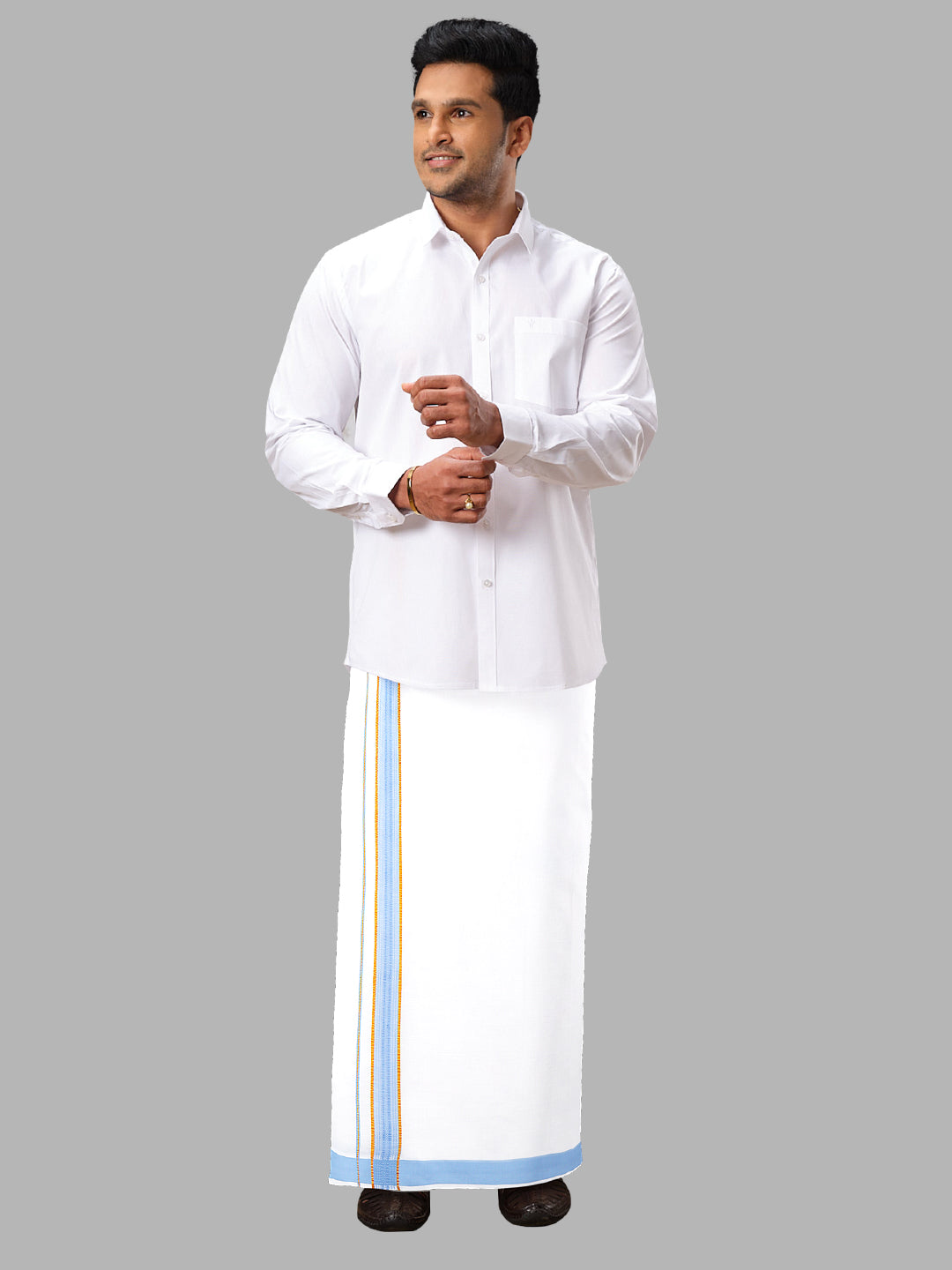 Men Blue Adjustable Pocket Dhoti with Fancy Border GACJ09