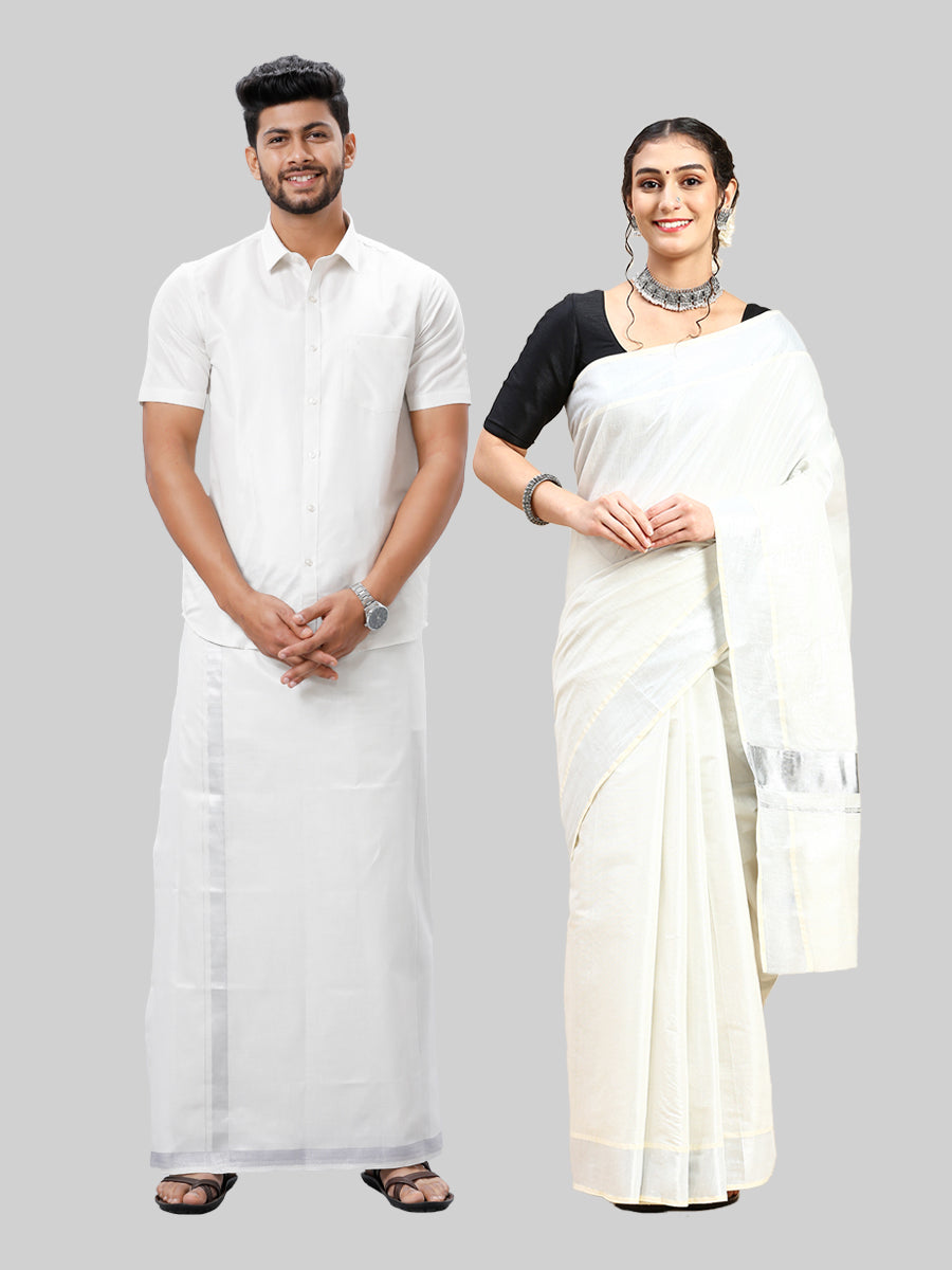 Tissue Silver Jari Shirt Dhoti Set with Saree Couple Combo OCC02-Front view