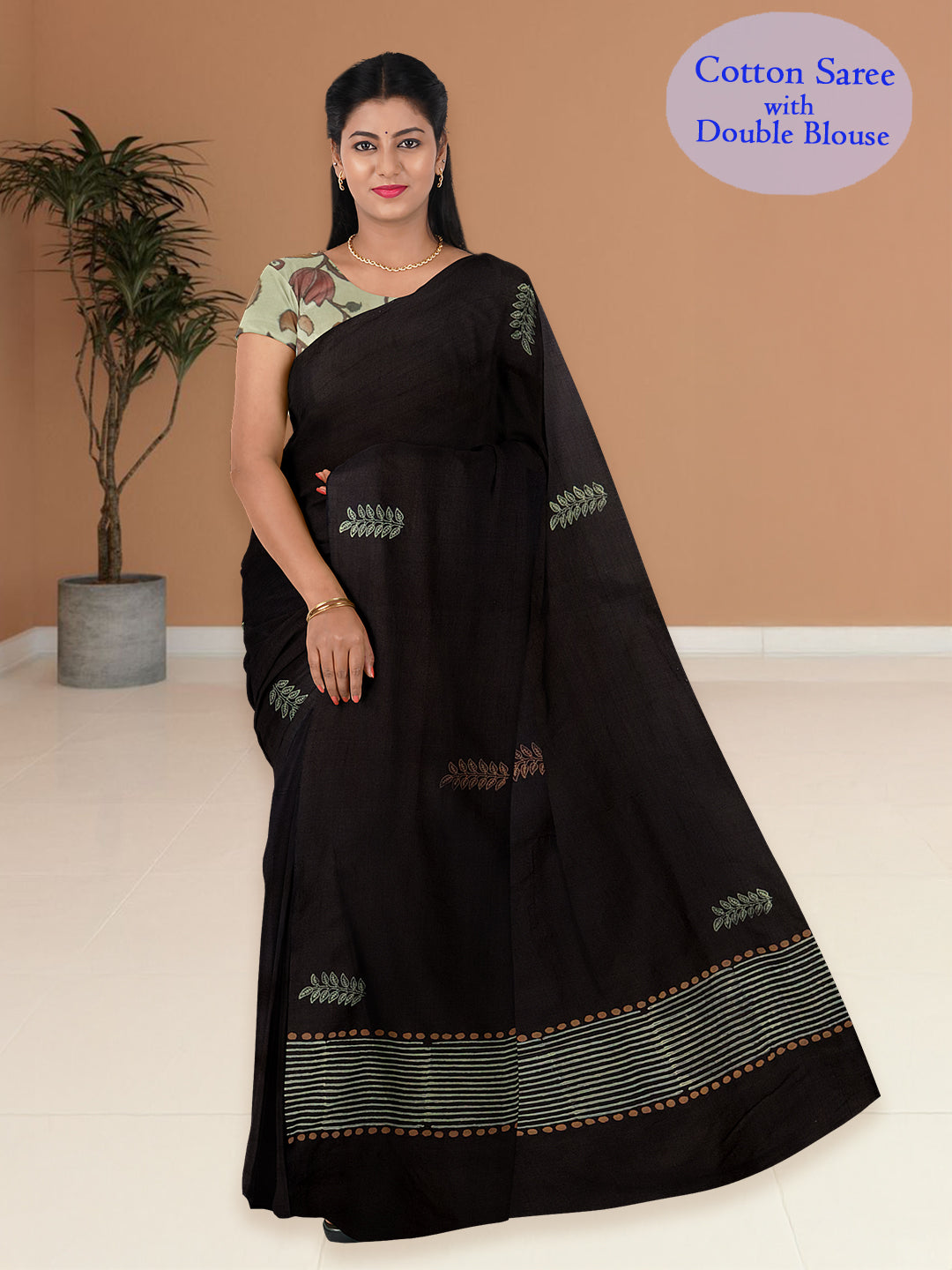 Women Black Cotton Saree with Double Blouse PCS215