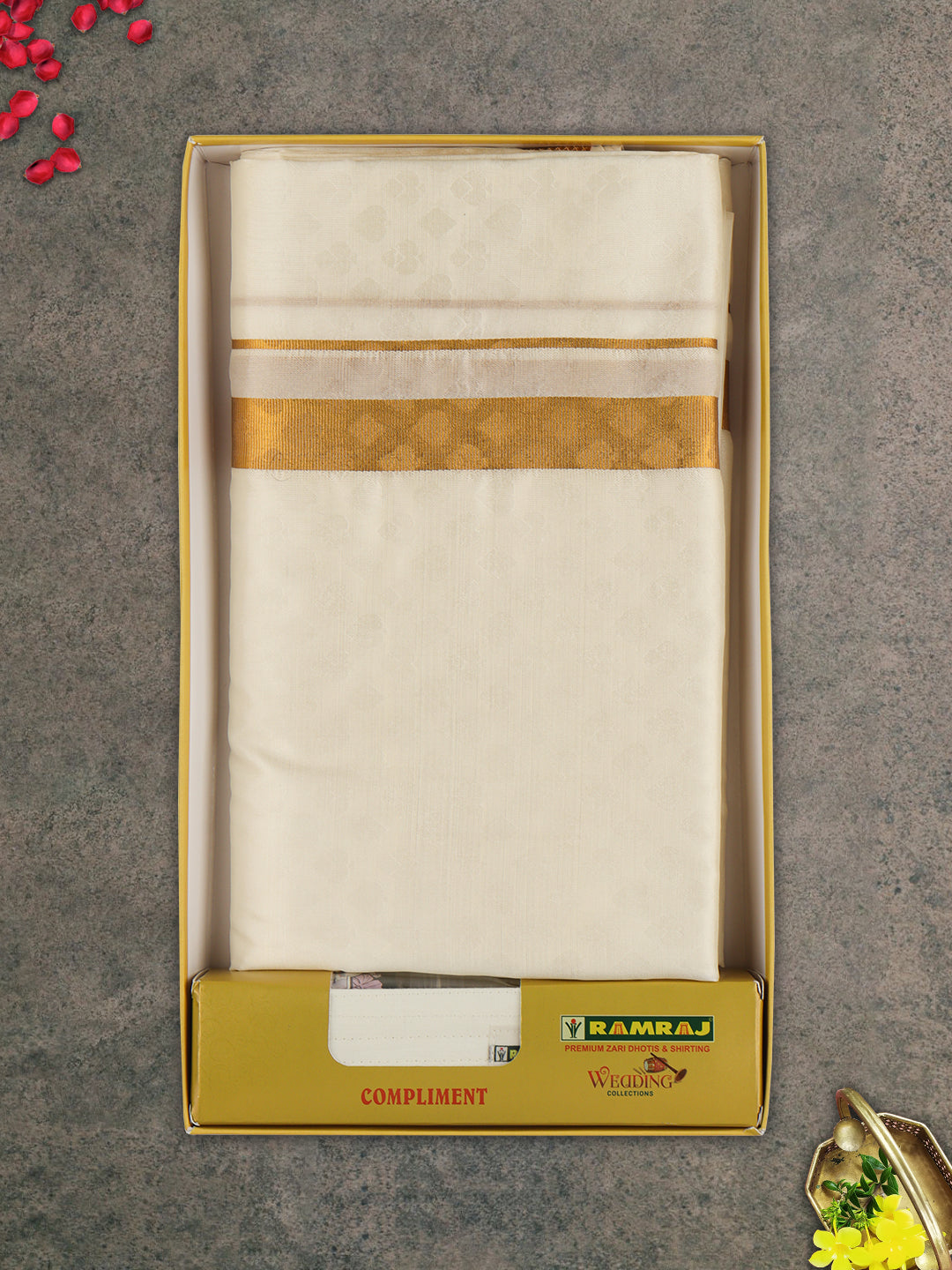 Men Gold Border Double Dhoti & Towel Set Ishwaryam Embose