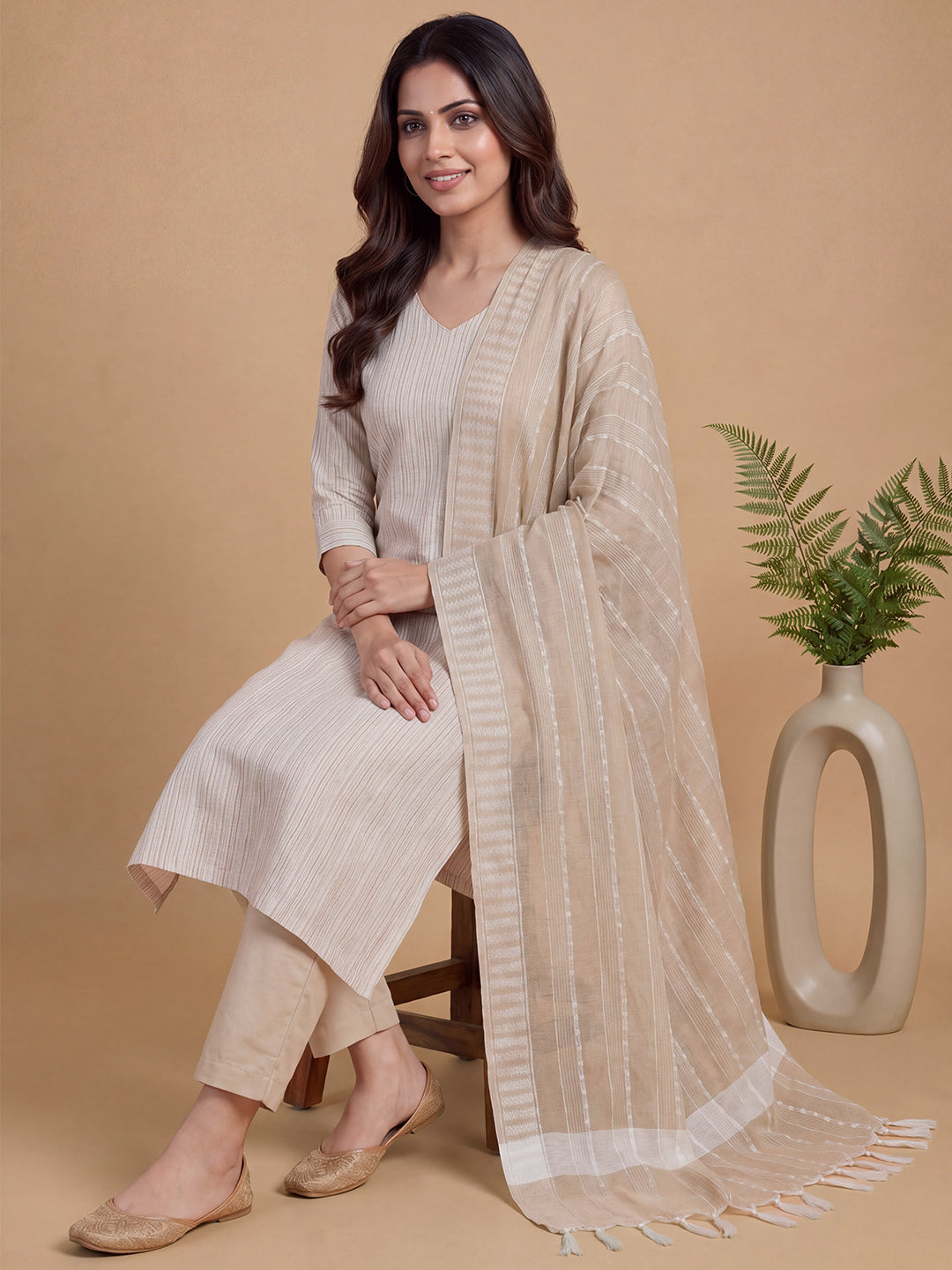 Women Embroidered Light Brown Kurti Set EKS152