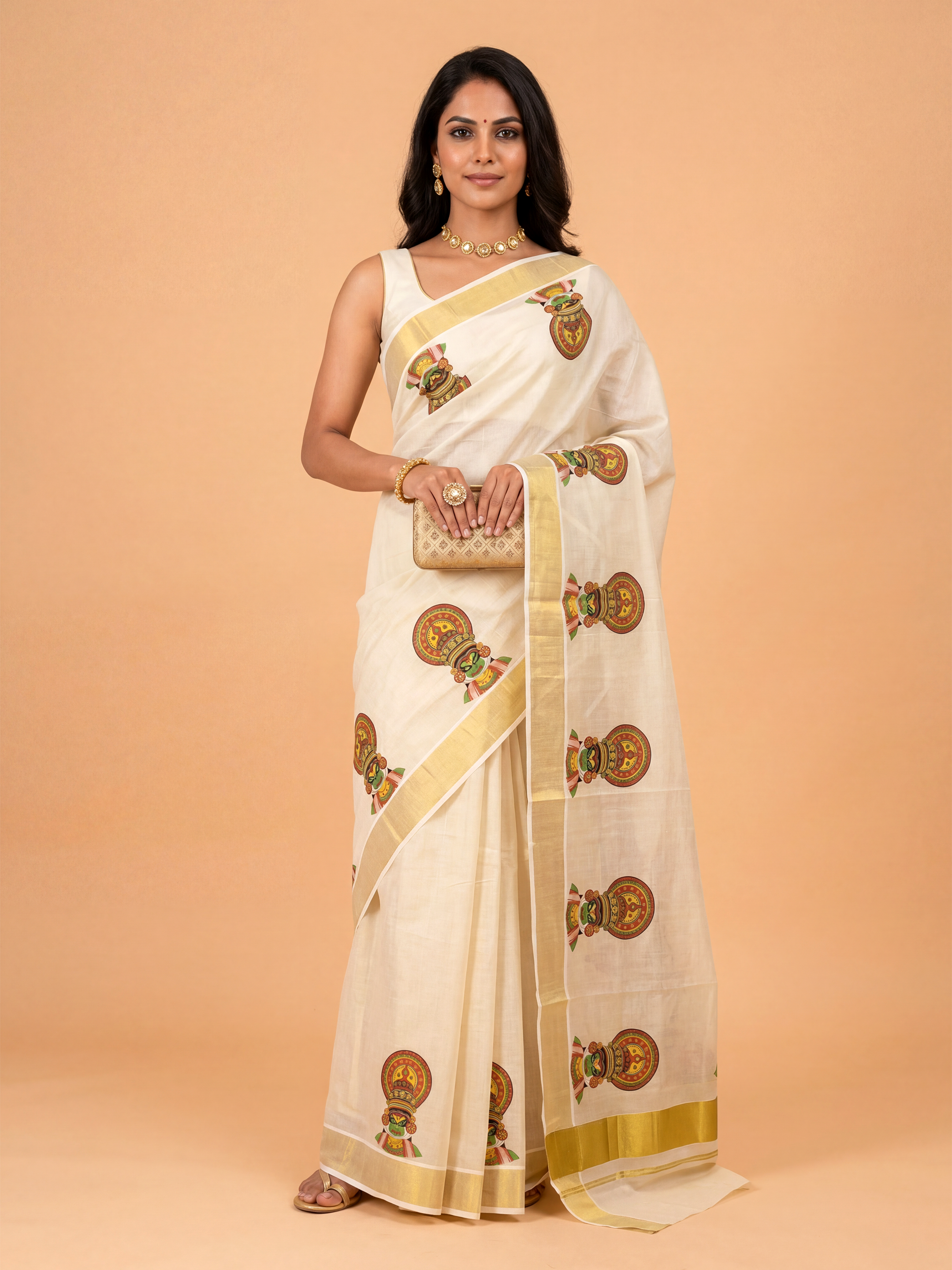 Women Tissue Cream Kathakali Face Printed Kerala Saree KLS25