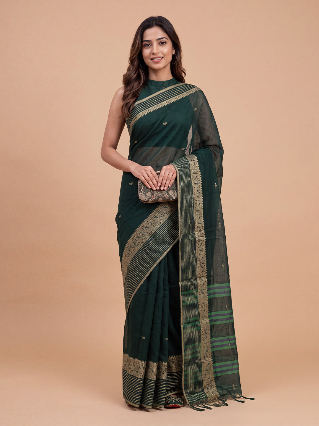 Women Mercerised Cotton Dark Green Embroidered Saree PCS295