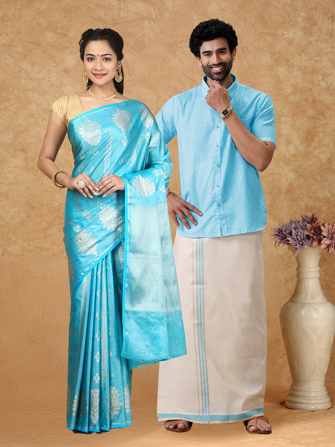 Couple Combo Half Sleeves Shirt & Dhoti Set with Saree Blue SS322