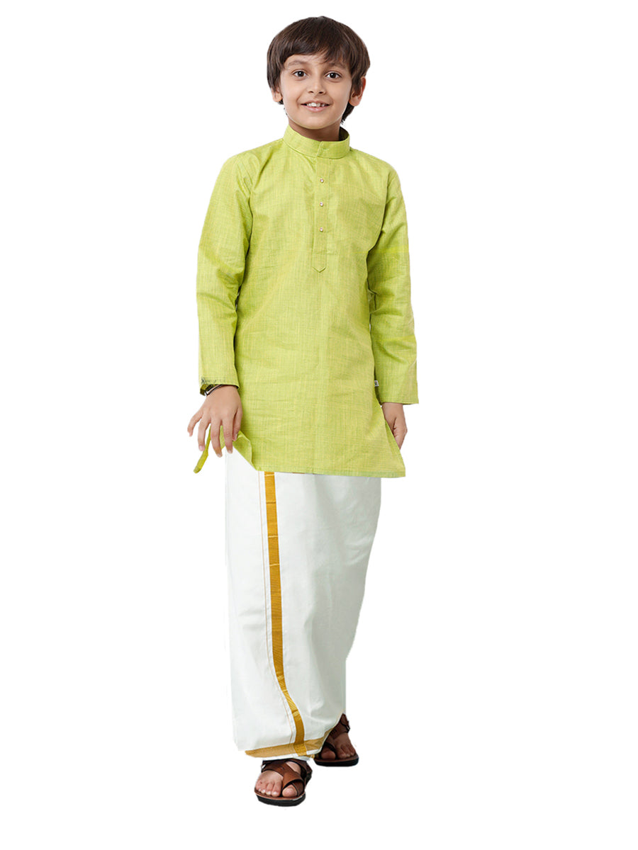 Like Father Like Son Parrot Green Kurta and Gold Jari Border Cream Dhoti Combo FS2