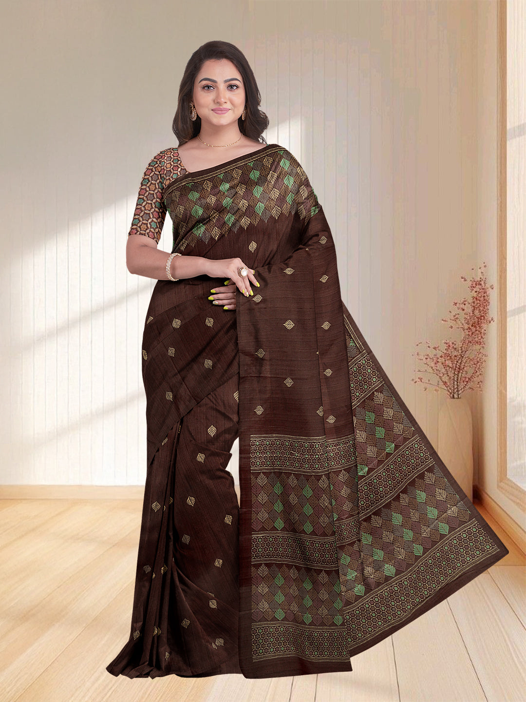 Women Brown Semi Tussar Printed Saree ST256