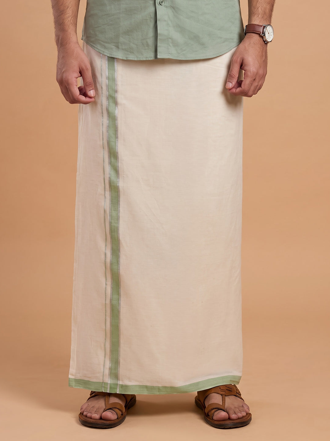 Double Layer 100% Cotton Cream Kora Dhoti with Colour Border - KJ01