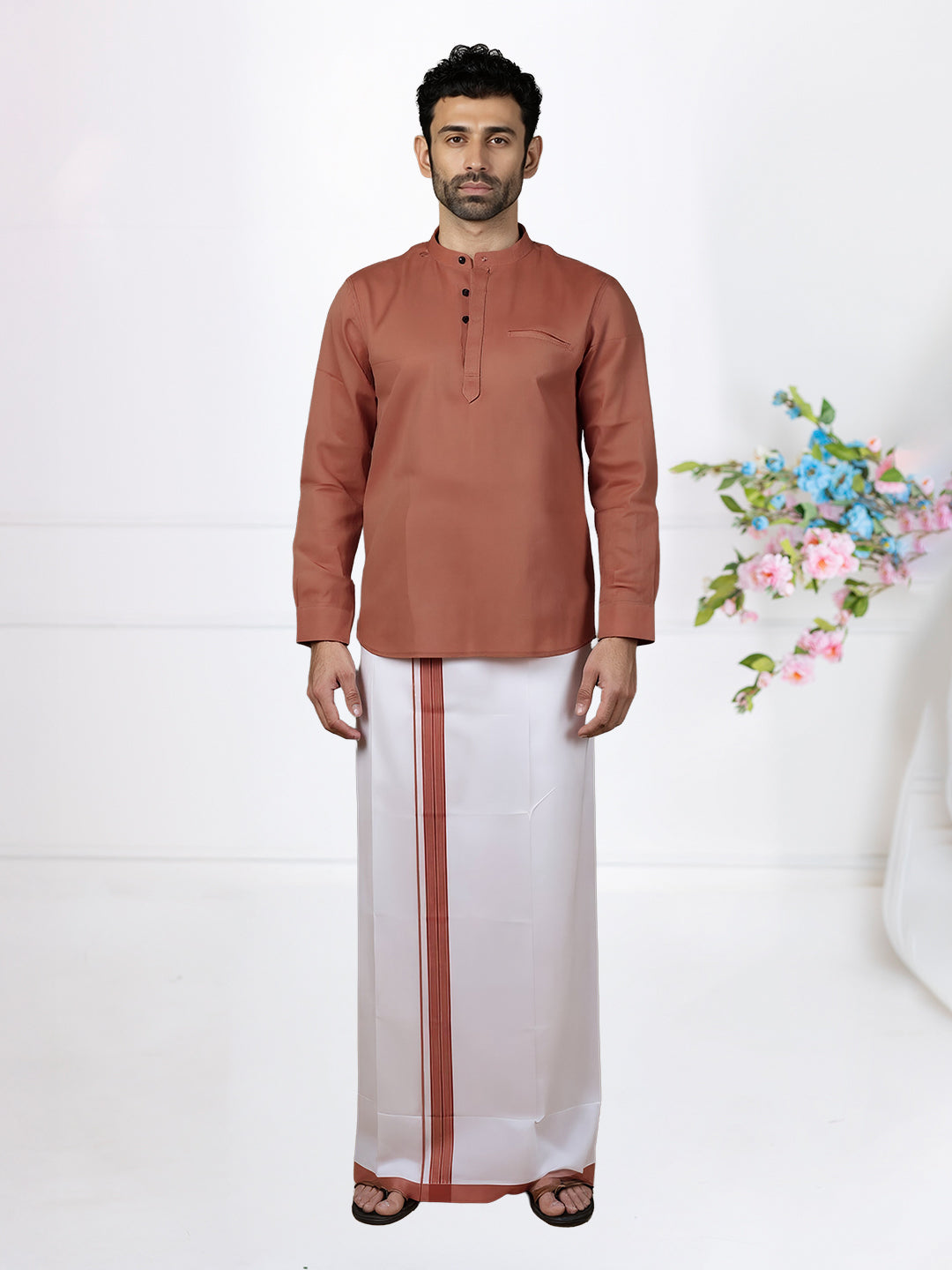 Men Peach Saffron Short Length Kurta with Matching Border Dhoti Set RJ43