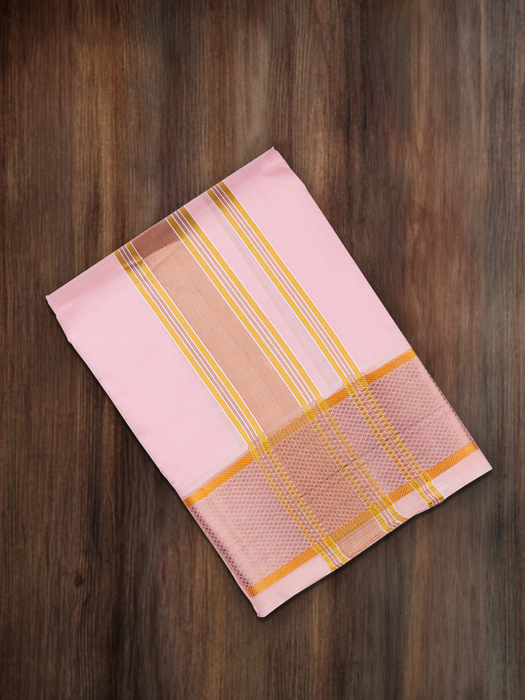 Premium Pure Silk Baby Pink Plain Shirt Bit with 3" jari Gold Fancy & Angavasthram Set Rajahamsa