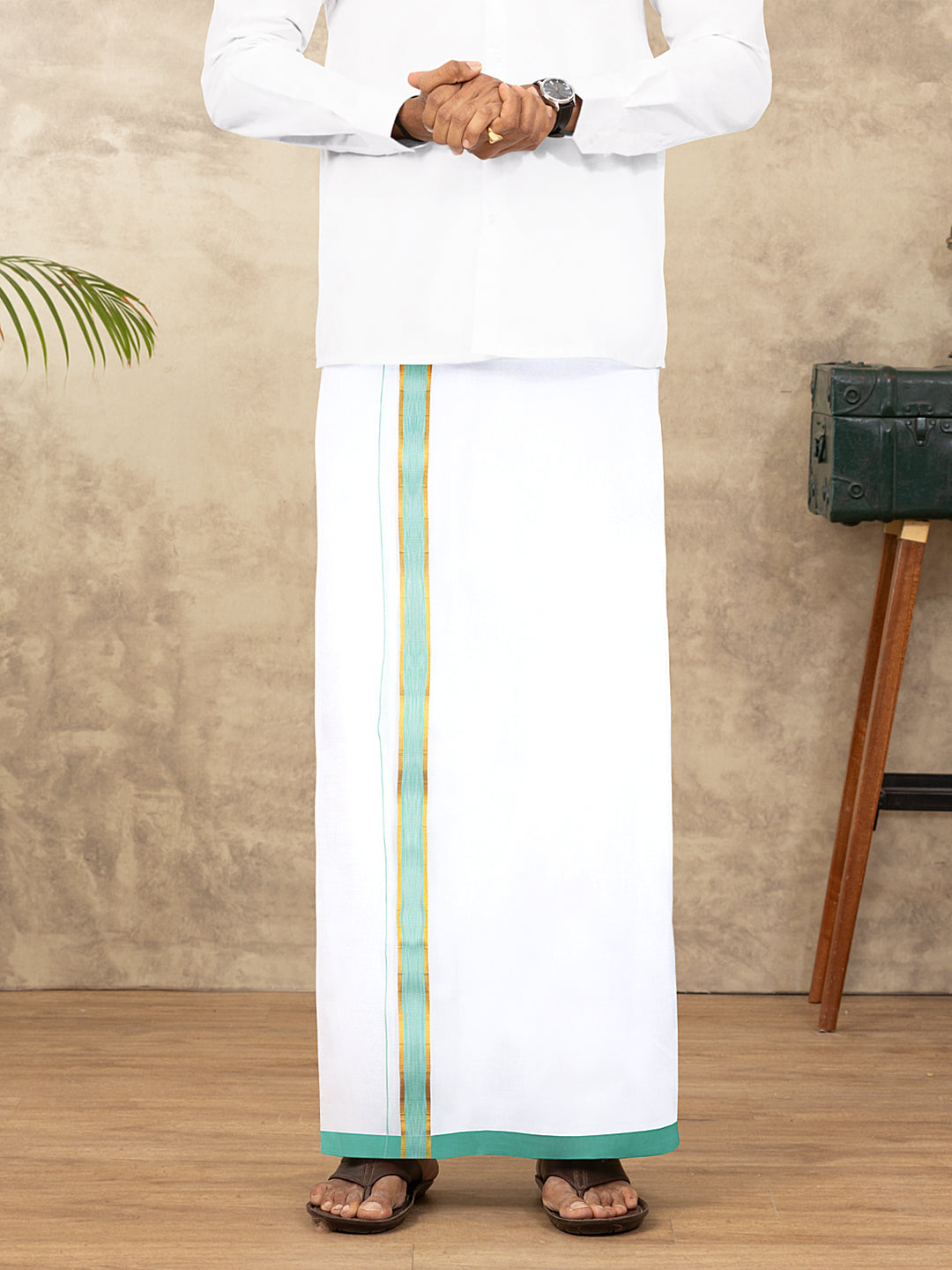 Men Cotton Blend Readymade Double Layer White Dhoti with Fancy Jari Border GFDA14