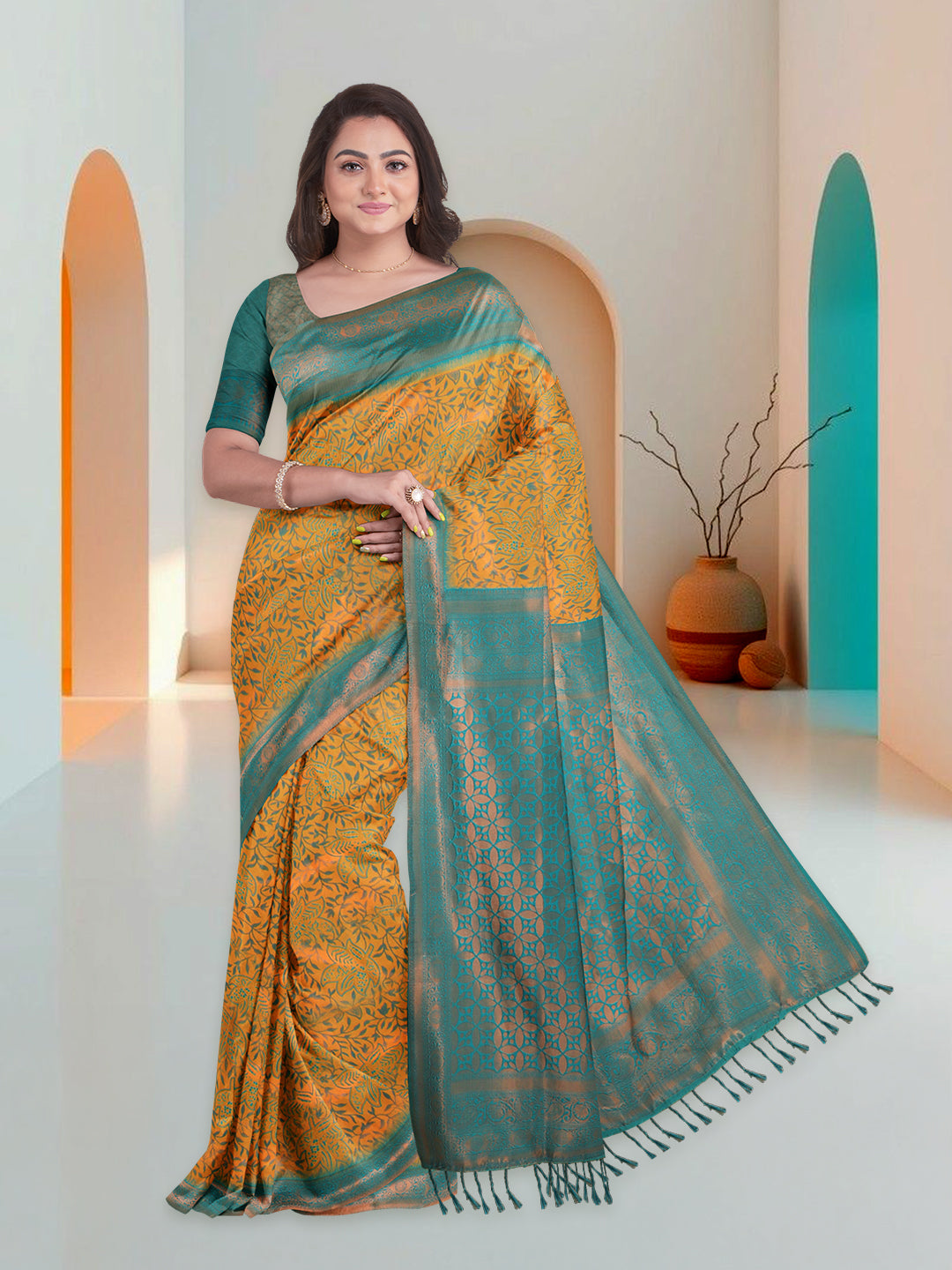 Women Yellow Art Silk Printed Saree ASS66