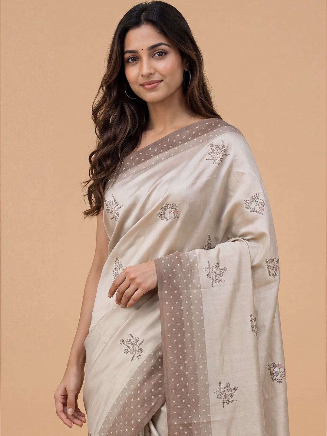 Women Semi Linen Brown Embroidered Saree SL267