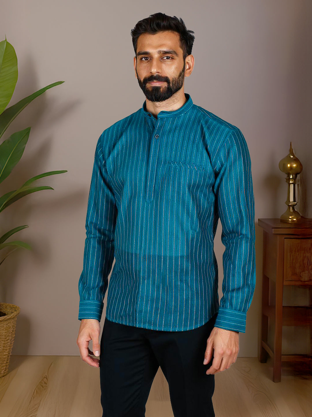 Men Cotton Short Length Striped Pocket Kurta Peacock Green RJ52