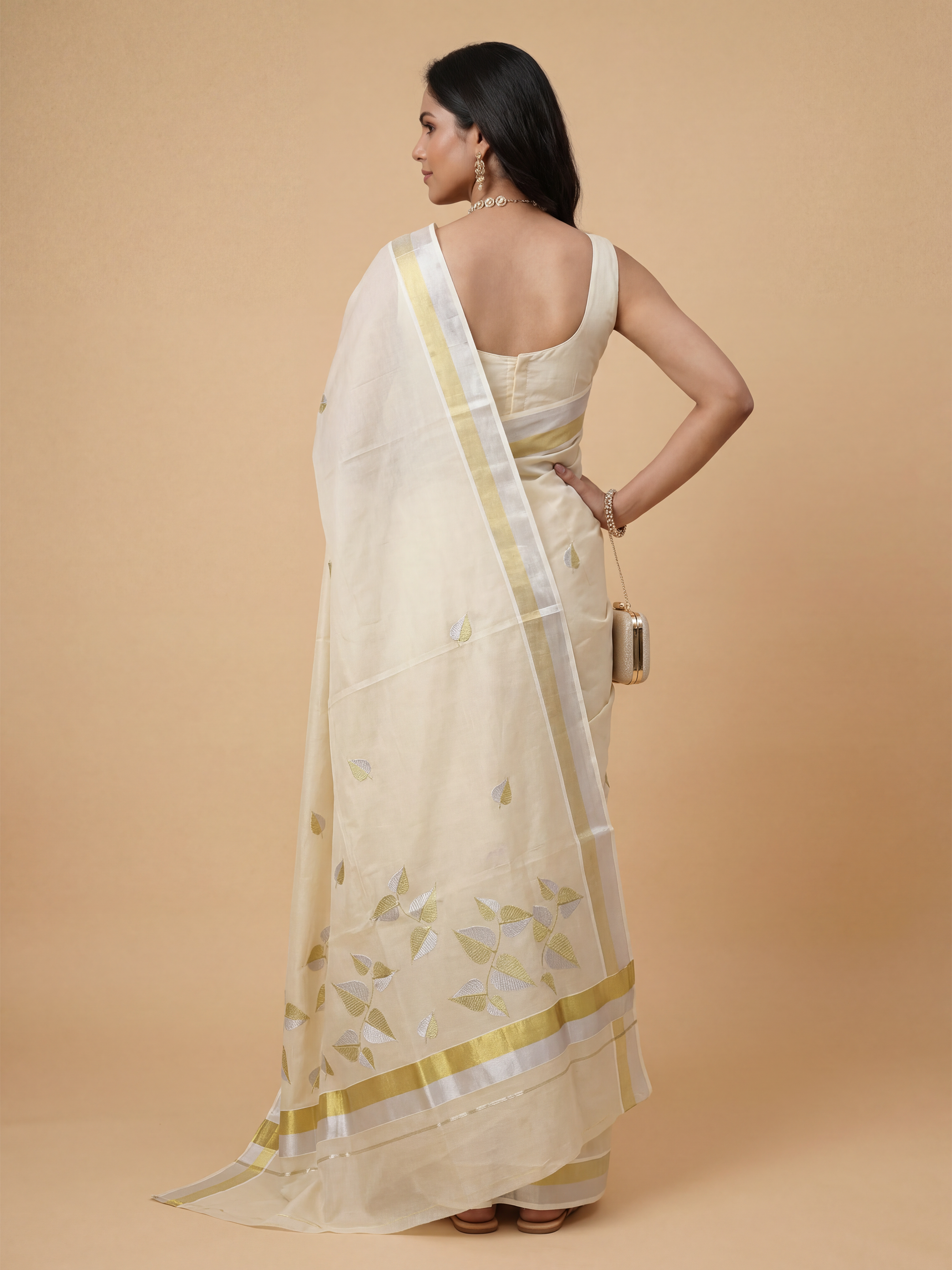 Women Tissue Cream Embroidered Kerala Saree KLS16