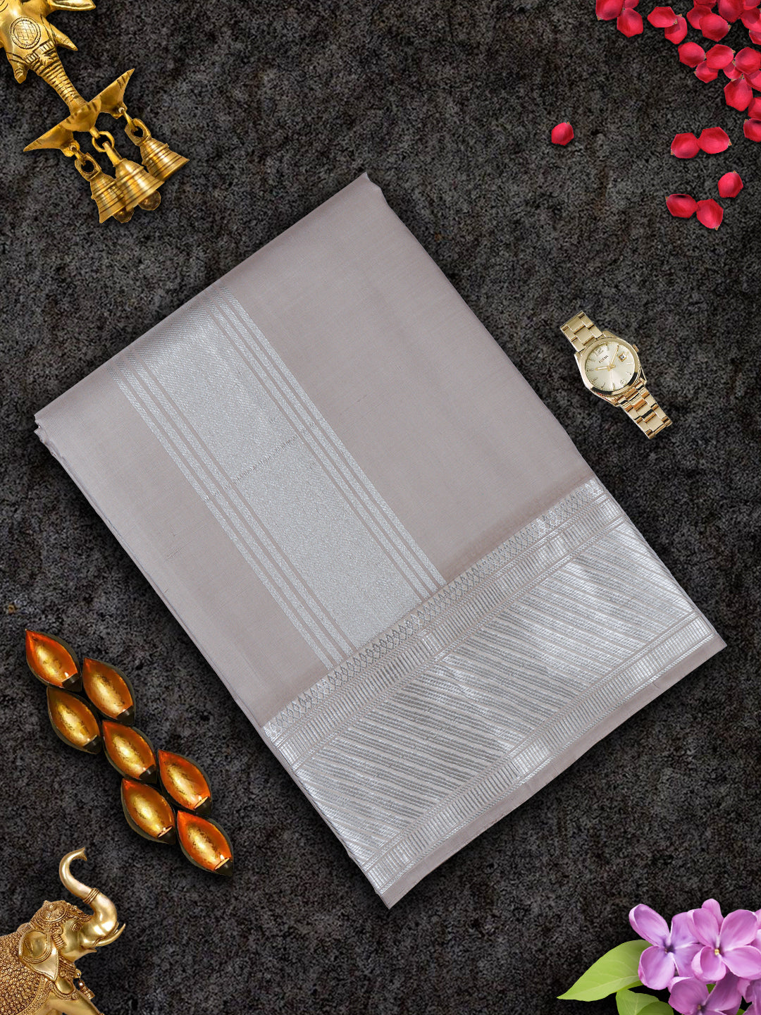 Mens Pure Silk Grey 4 1/2" Fawn Silver Jari Border Dhoti With Towel Amirtham