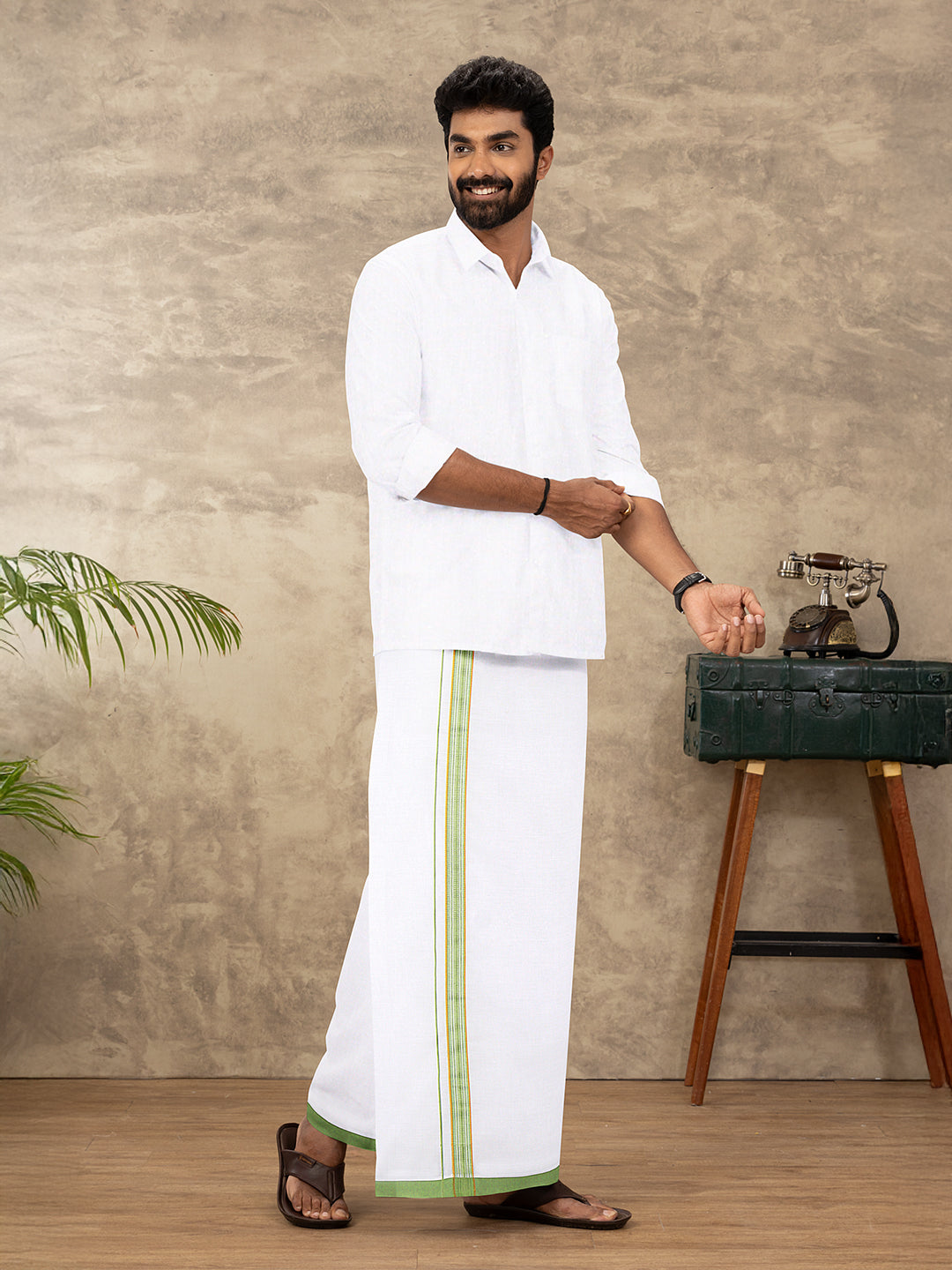 Men Cotton Blend Single Layer White Dhoti with Fancy Jari Border WGF15