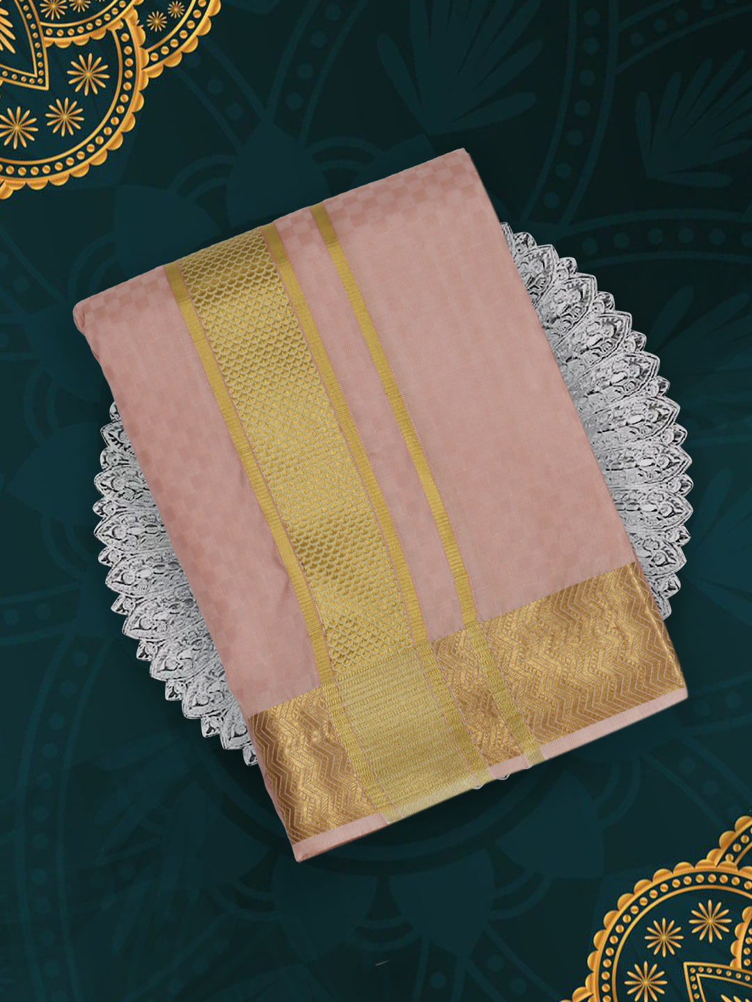 Men Pure Silk Embossed Peach Dhoti & Towel Set with 2 1/2" inch Gold Fancy Jari Border
