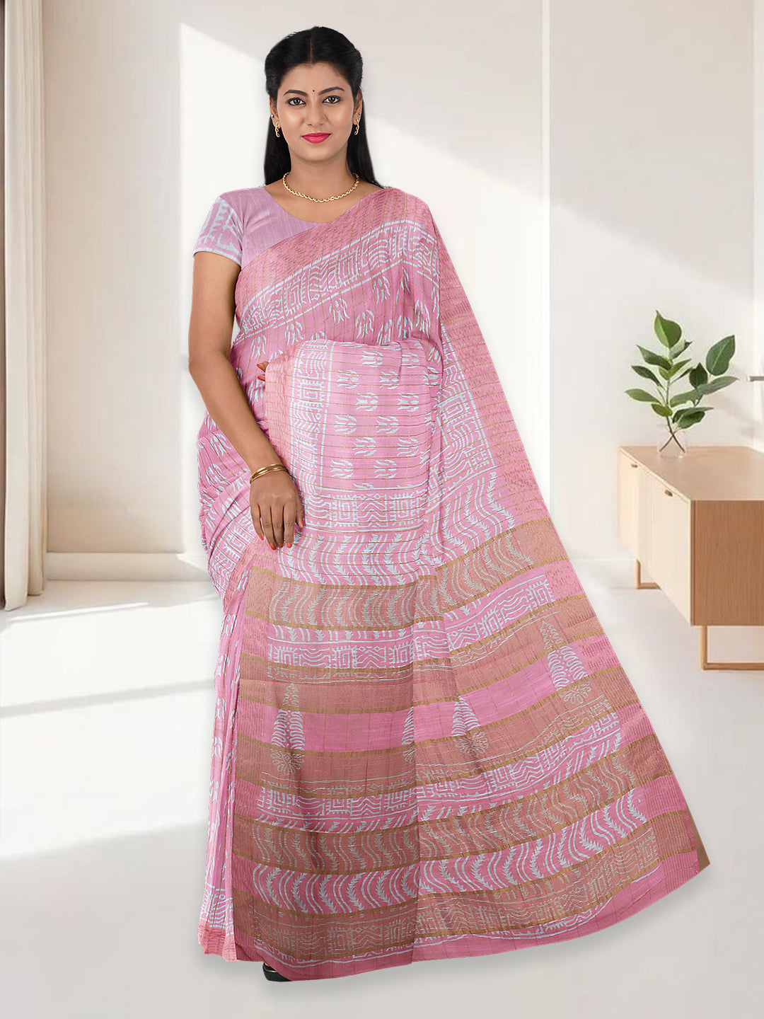 Women Light Pink Semi Linen Saree SL230