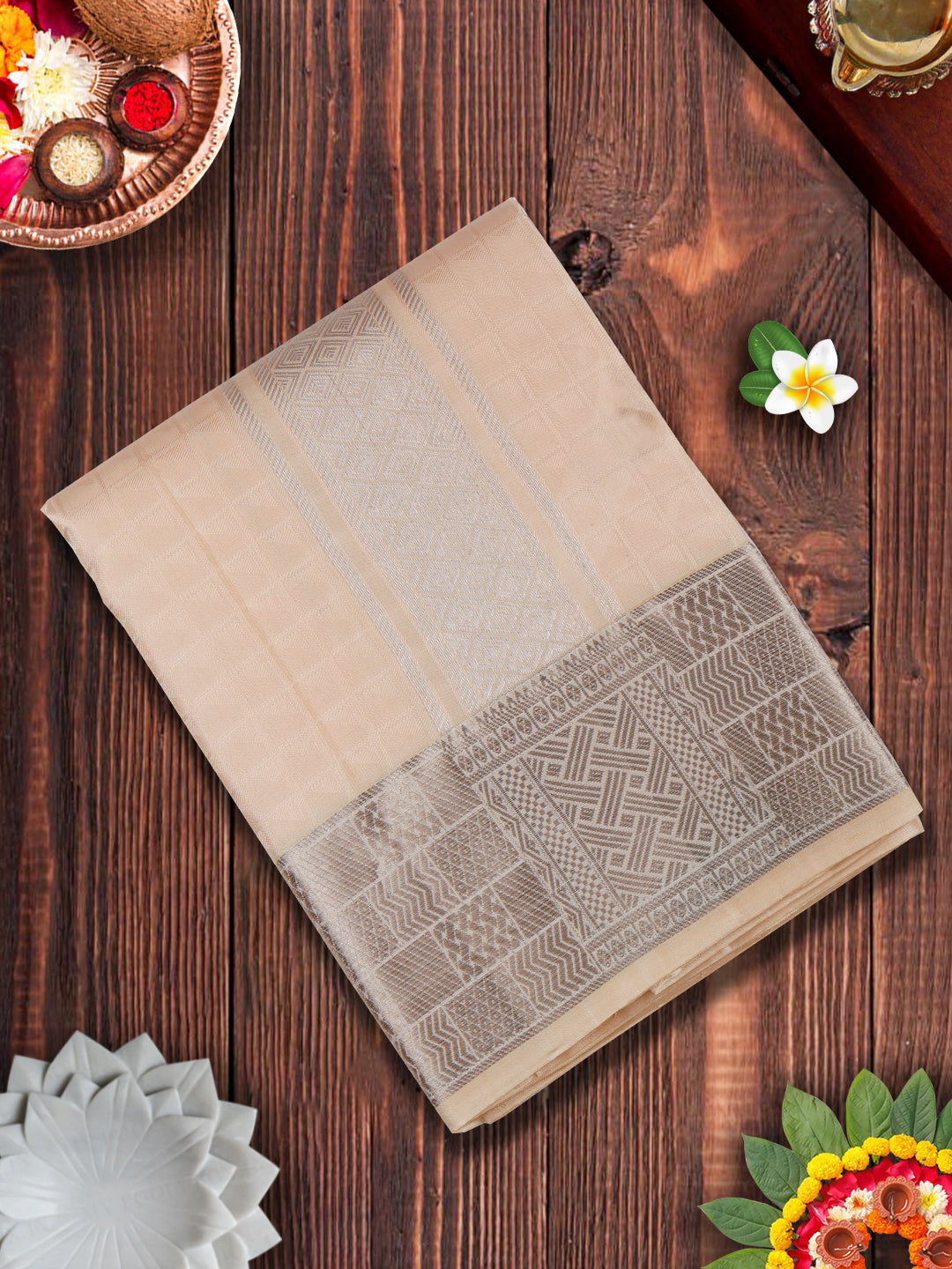Pure Silk Light Copper Colour 4" Silver Jari Border Dhoti With Towel Thirukalyan