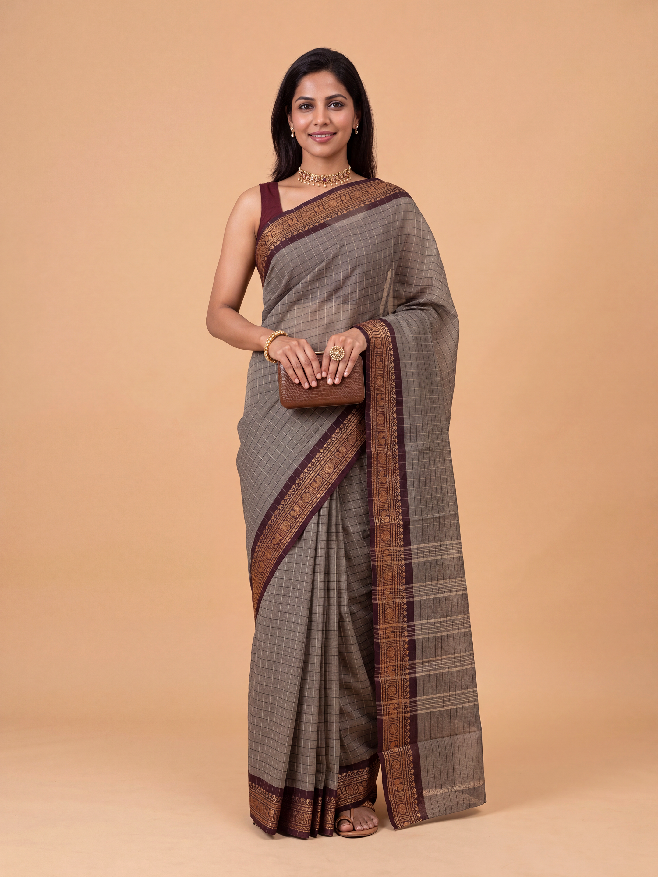 Women Chettinad Cotton Green with Brown Saree CCS03