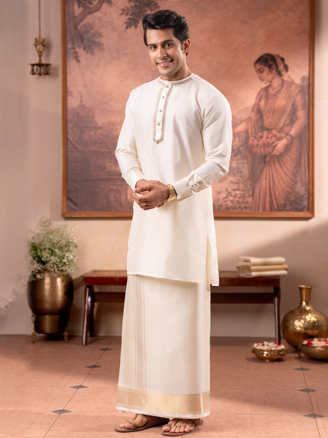 Pure Silk Cream Wedding Dhoti & Towel Set with 4" Jari Border – Virutcham