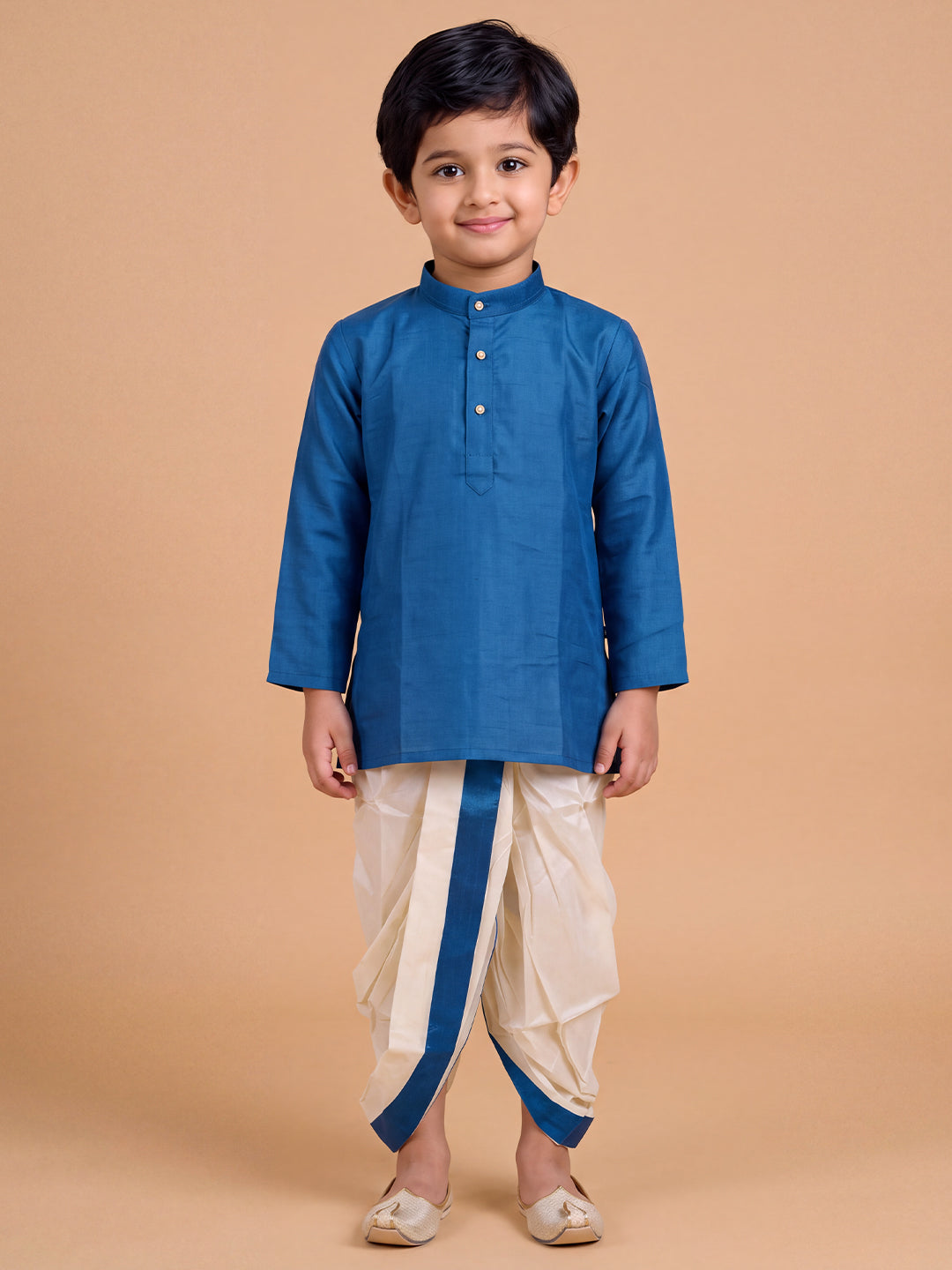 Boys Slub Cotton Full Sleeves Sapphire Blue Kurta with Panchakacham Combo Set SL1