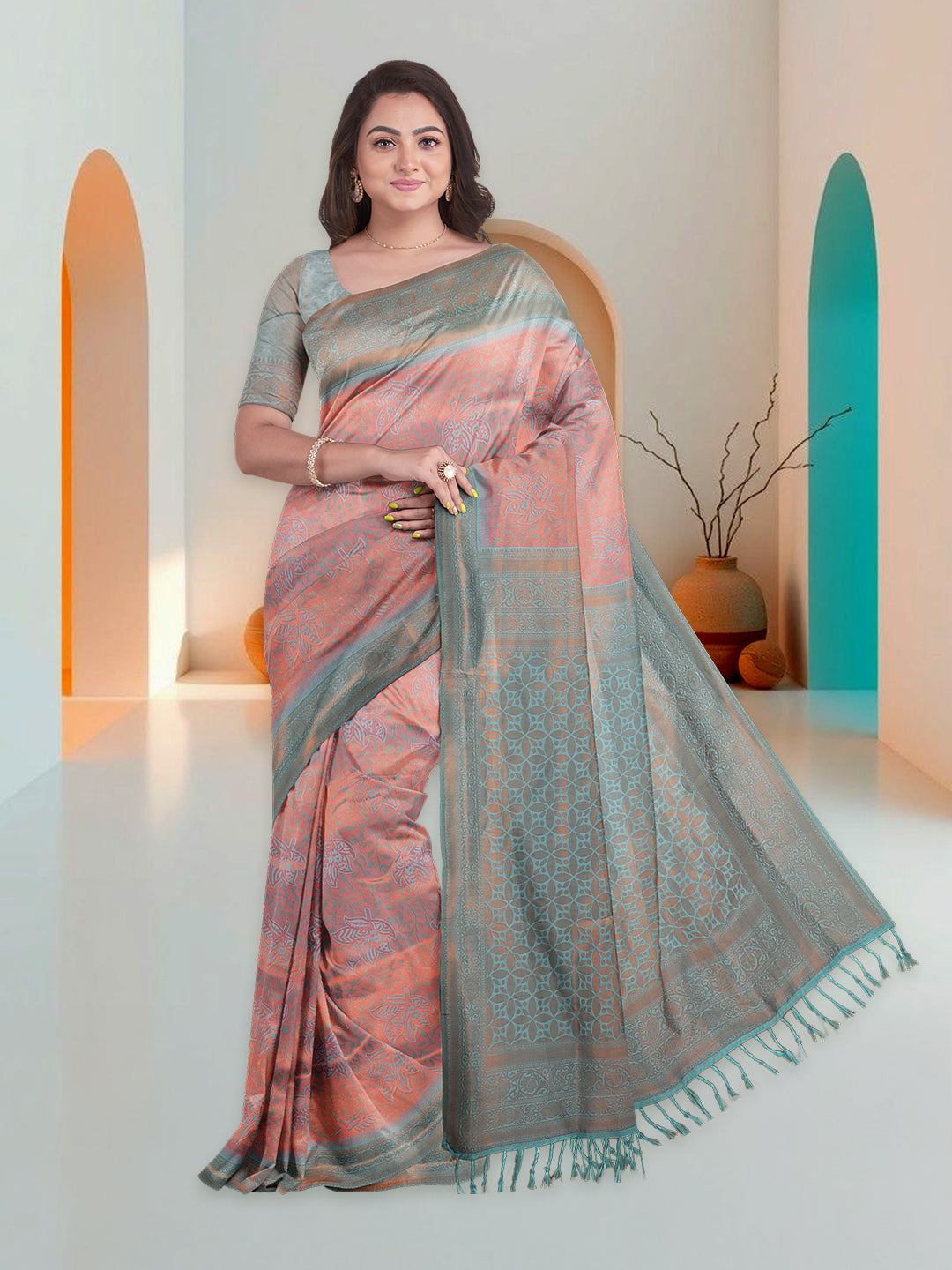 Women Light Pink Art Silk Printed Saree ASS58