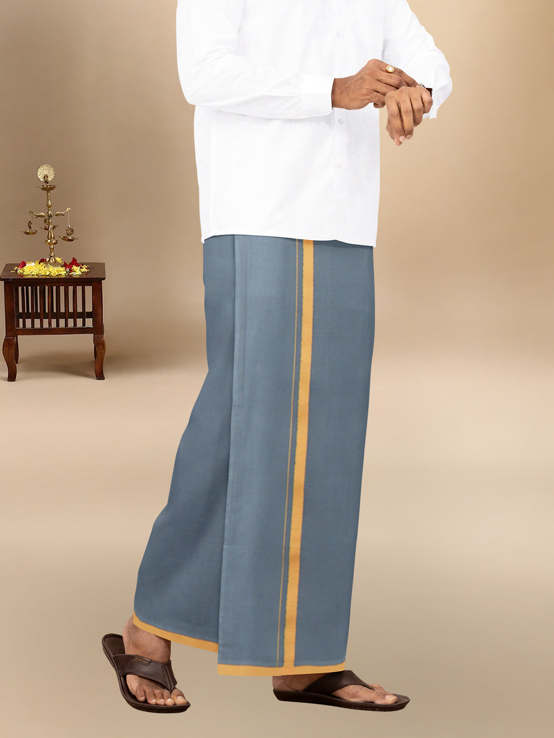 Men 100% Cotton Single Layer Steel Grey Dhoti with Big Border Poojan