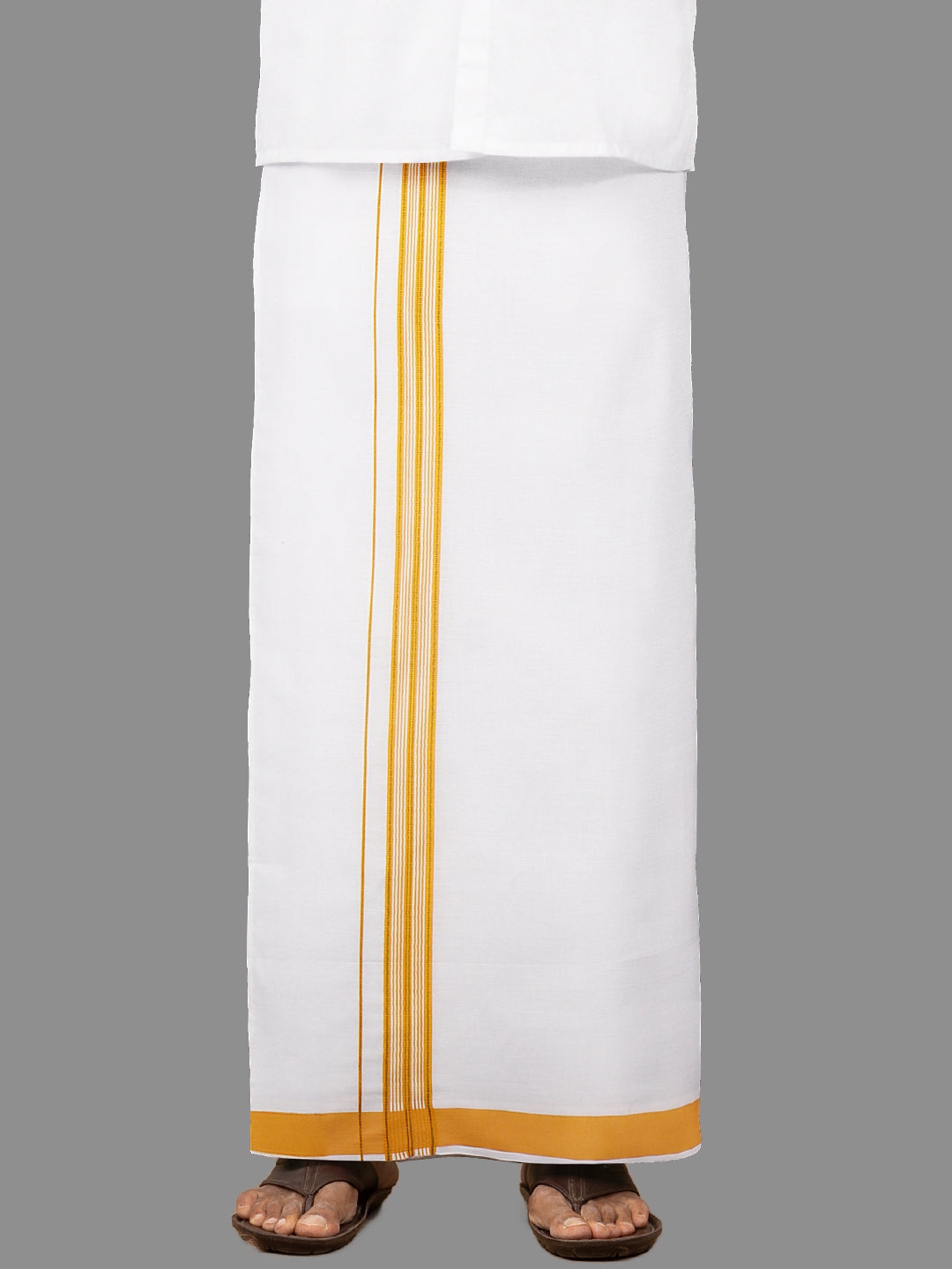 Men White with Yellow Fancy Jari Border Single Layer Dhoti YGF02