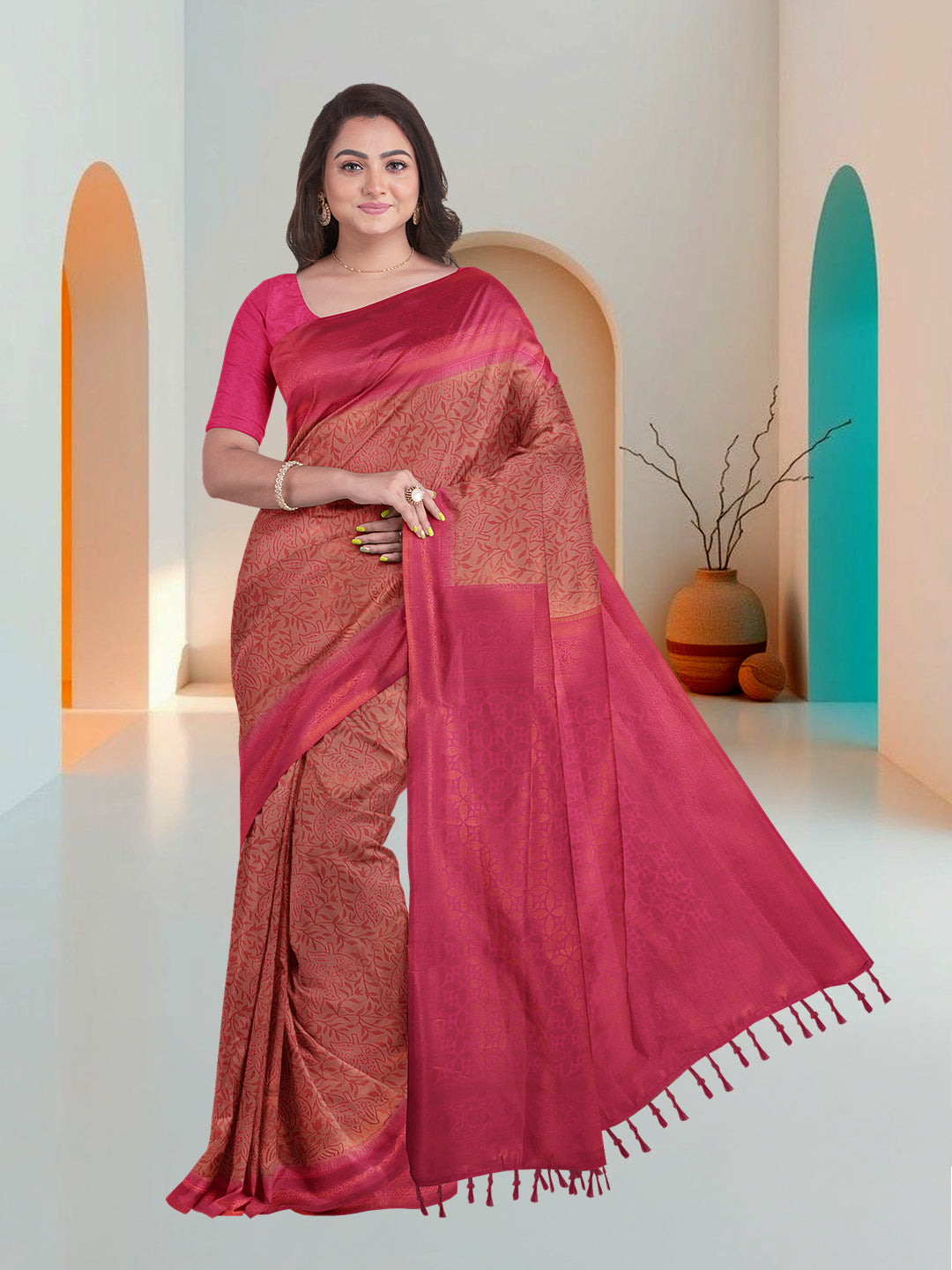Women Pink Art Silk Printed Saree ASS53