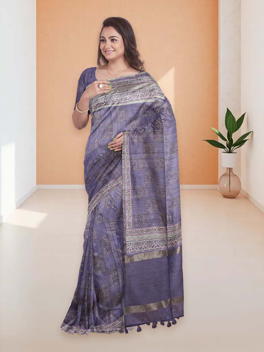 Women Violet Semi Tussar Printed Saree ST288