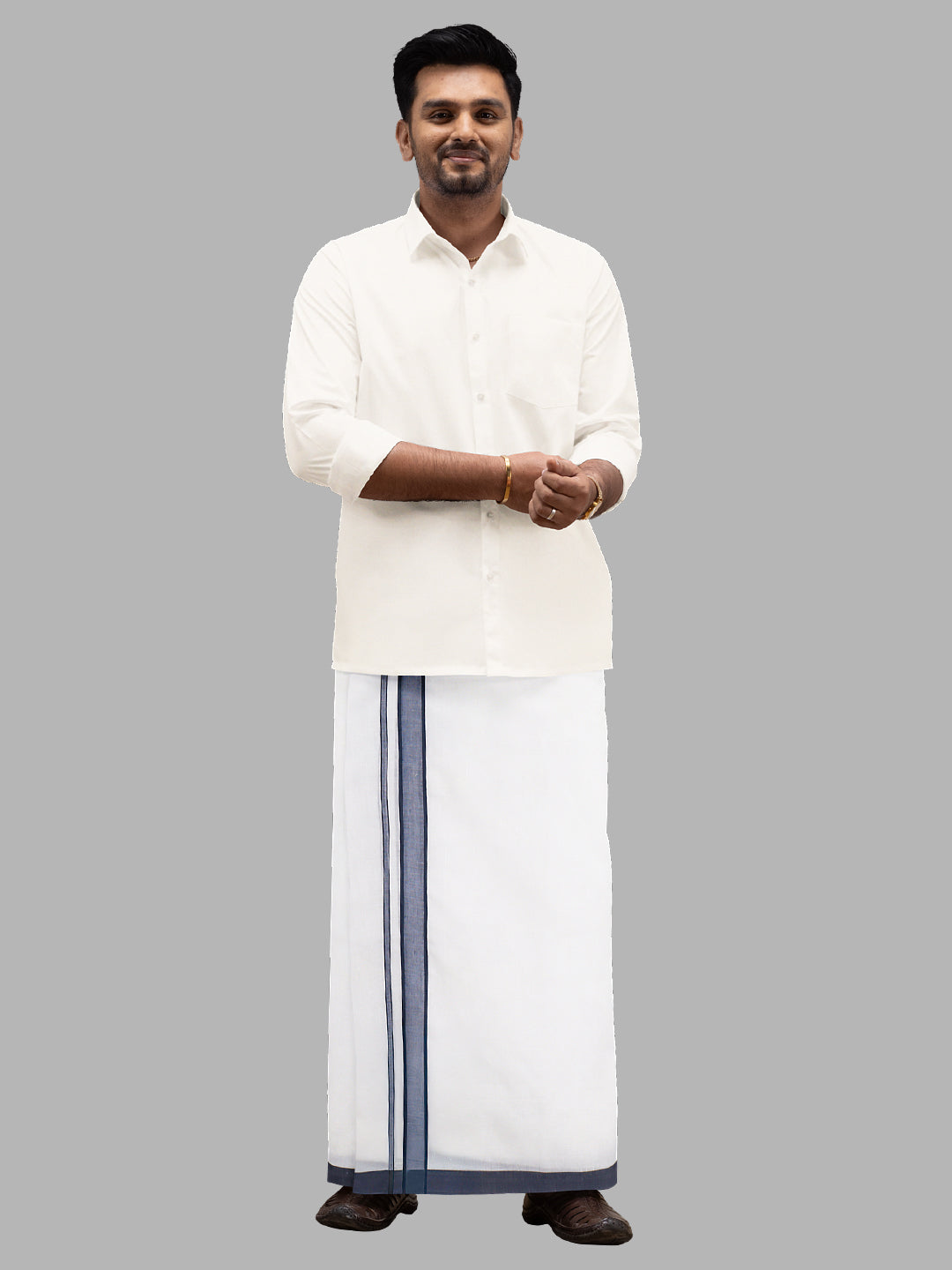 Men Navy Fancy Border Double Layer White Dhoti RP7