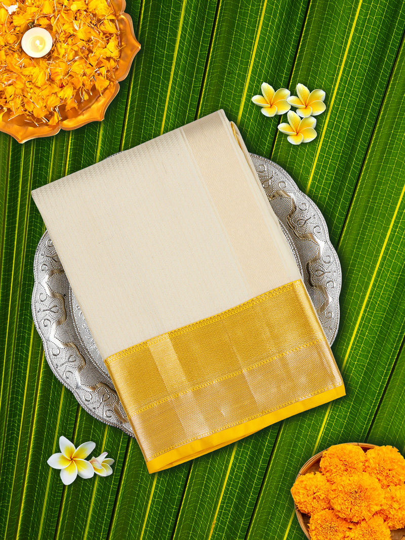 Premium Pure Silk Cream Dhoti With Angavastram  3" Yellow Fancy Jari Border Agarshanaa