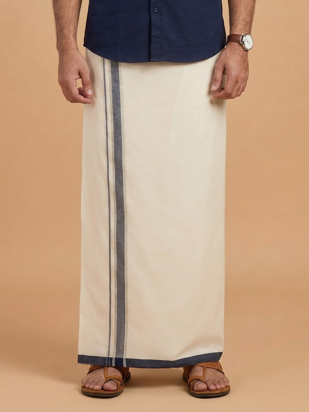 Double Layer 100% Cotton Cream Kora Dhoti with Colour Border - KJ02