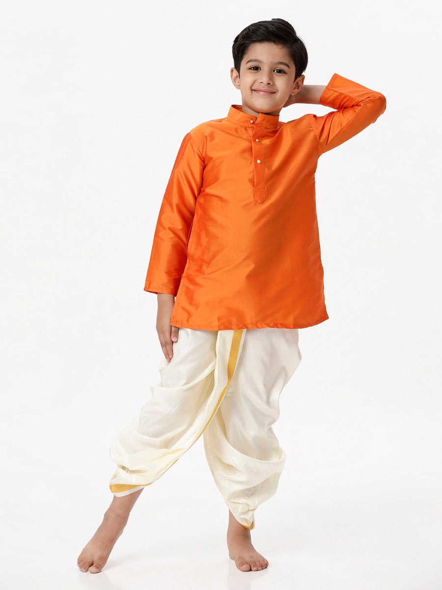 Boys Silk Cotton Full Sleeves Orange Kurta with Panchakacham Combo-Fullview