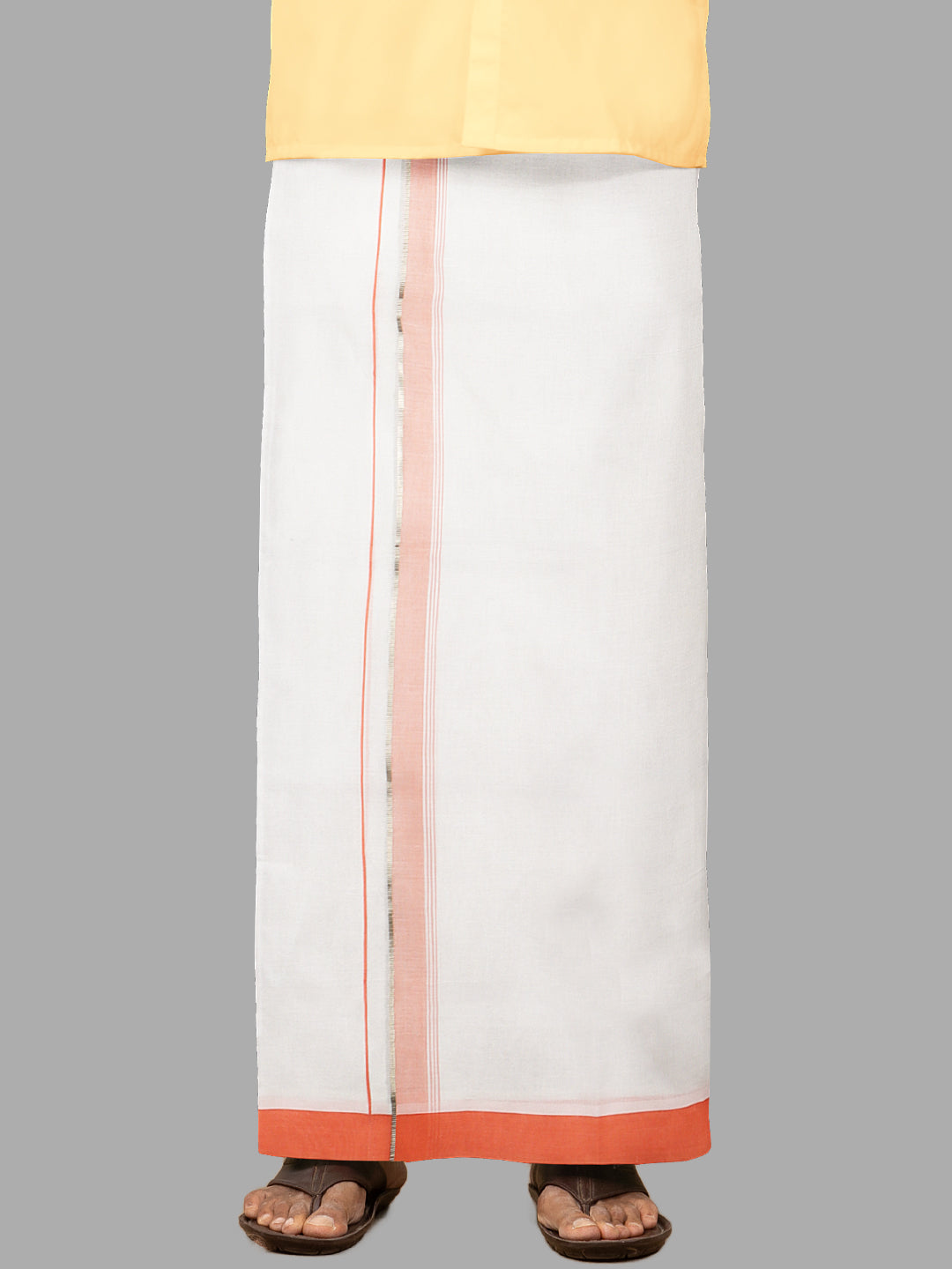 Men Orange Fancy Jari Border Single Dhoti HJF04