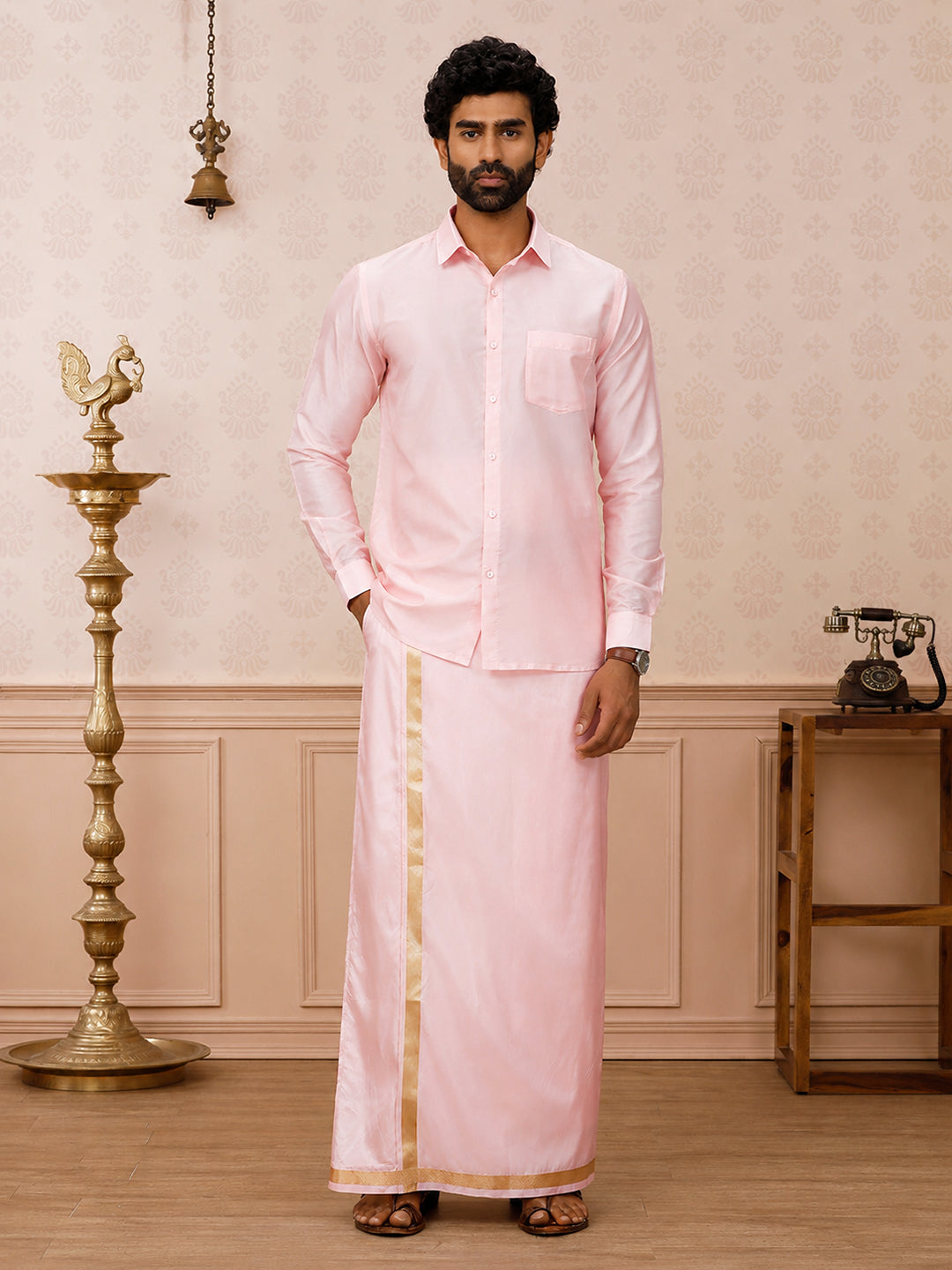 Art Silk Petal Pink Shirt & Dhoti Set