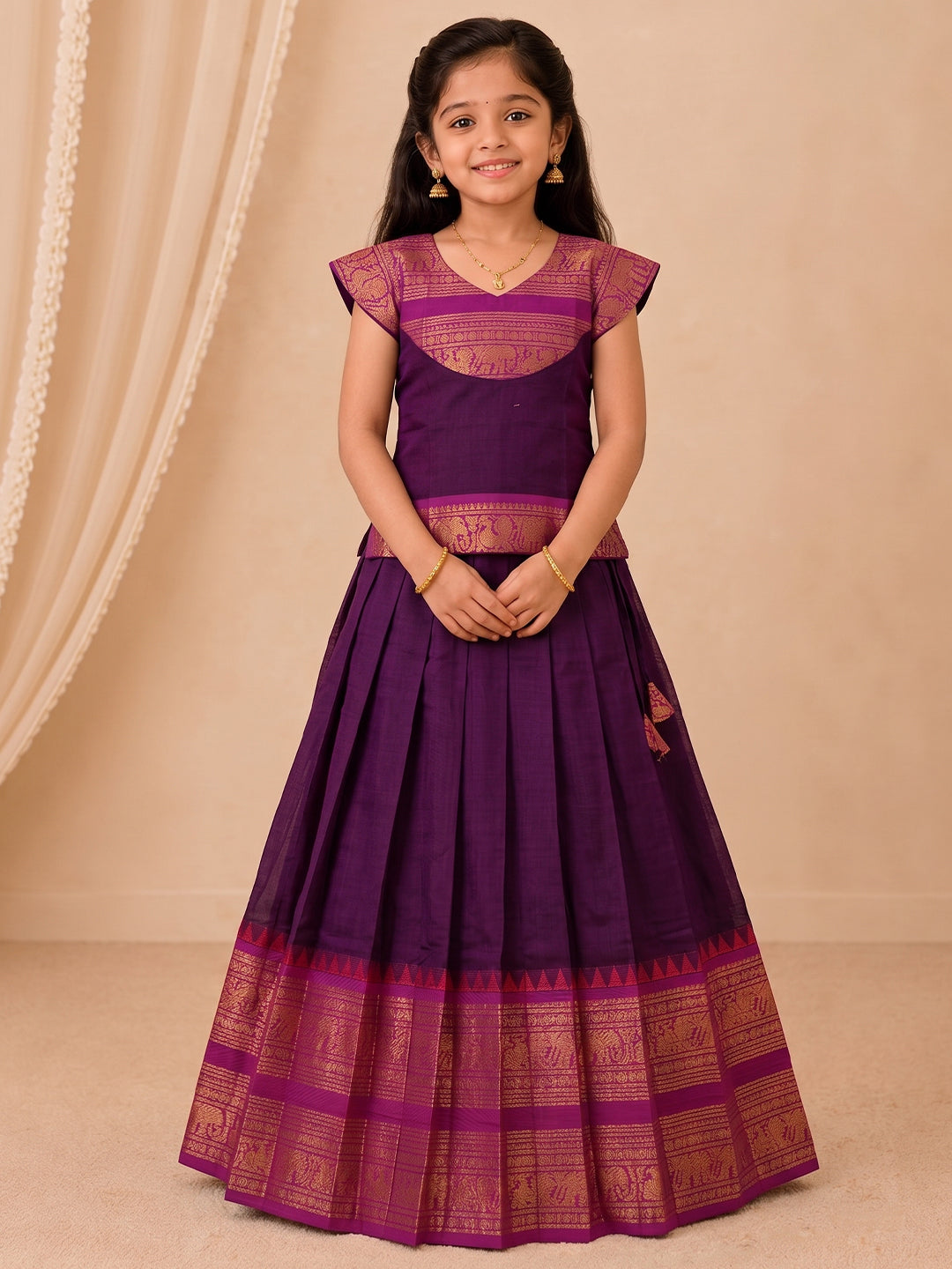 Girls Cotton Dark Purple Pattu Pavadai Set GPS57