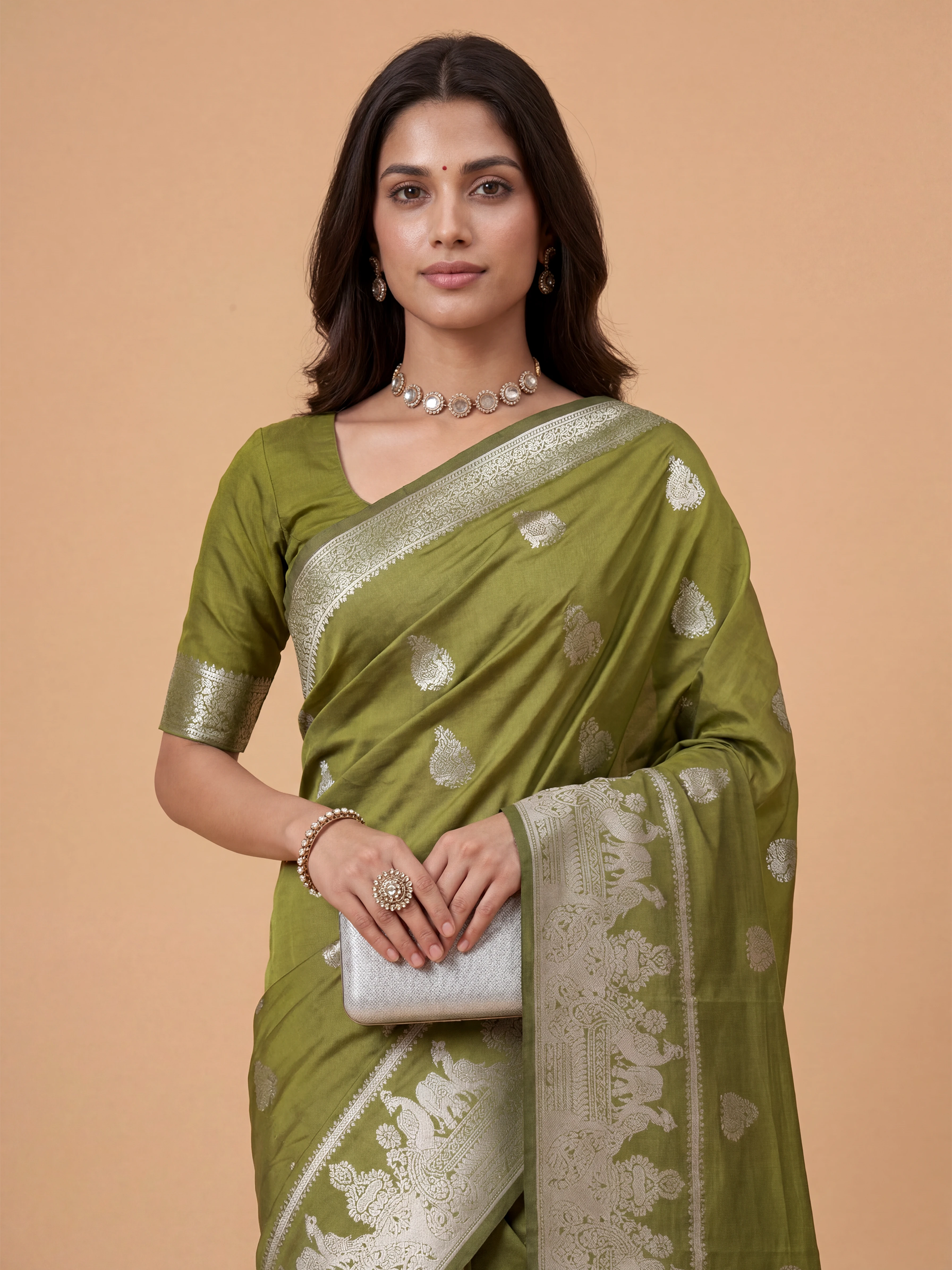 Women Semi Raw Silk Olive Green Saree SRS119
