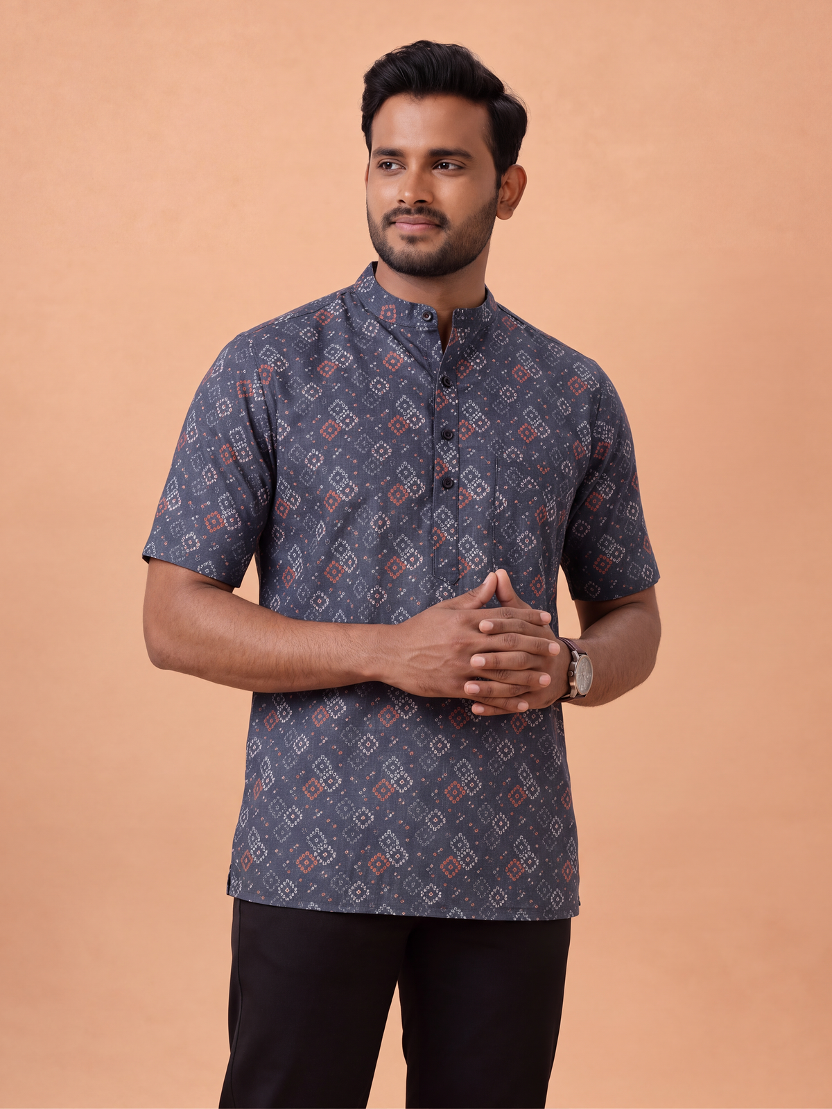 Cotton Short Length Printed Pocket Kurta Cadet Grey RI03