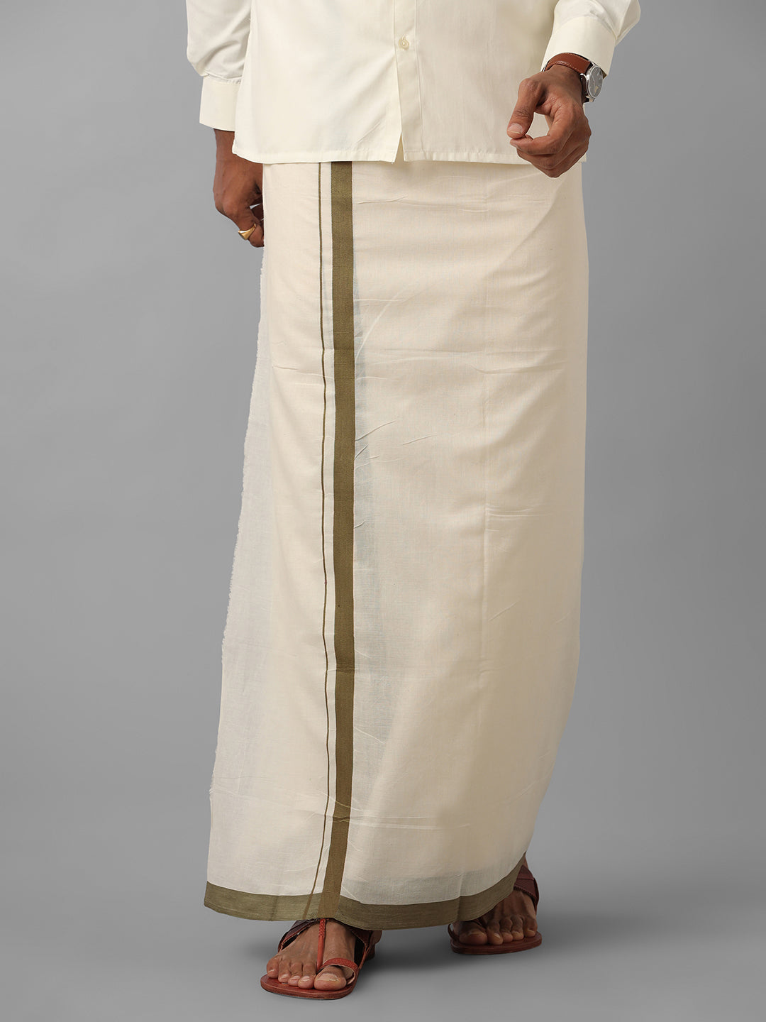 Men Green Border Double Layer Kora Dhoti VKS01