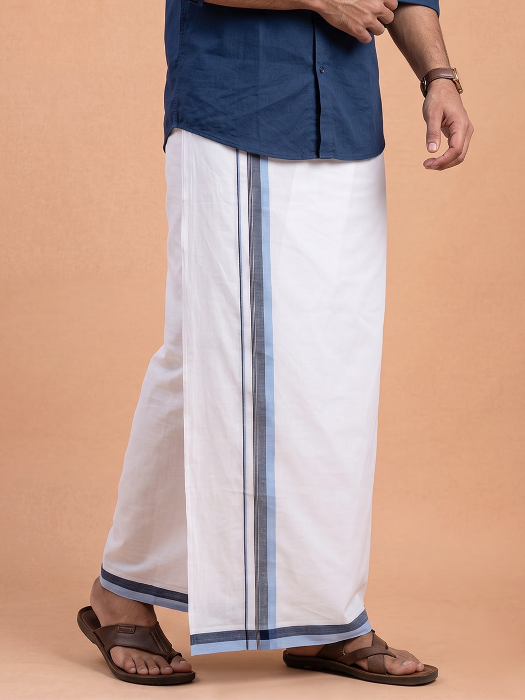 Double Layer 100% Cotton White Dhoti With Colour Jari Border - EJF27